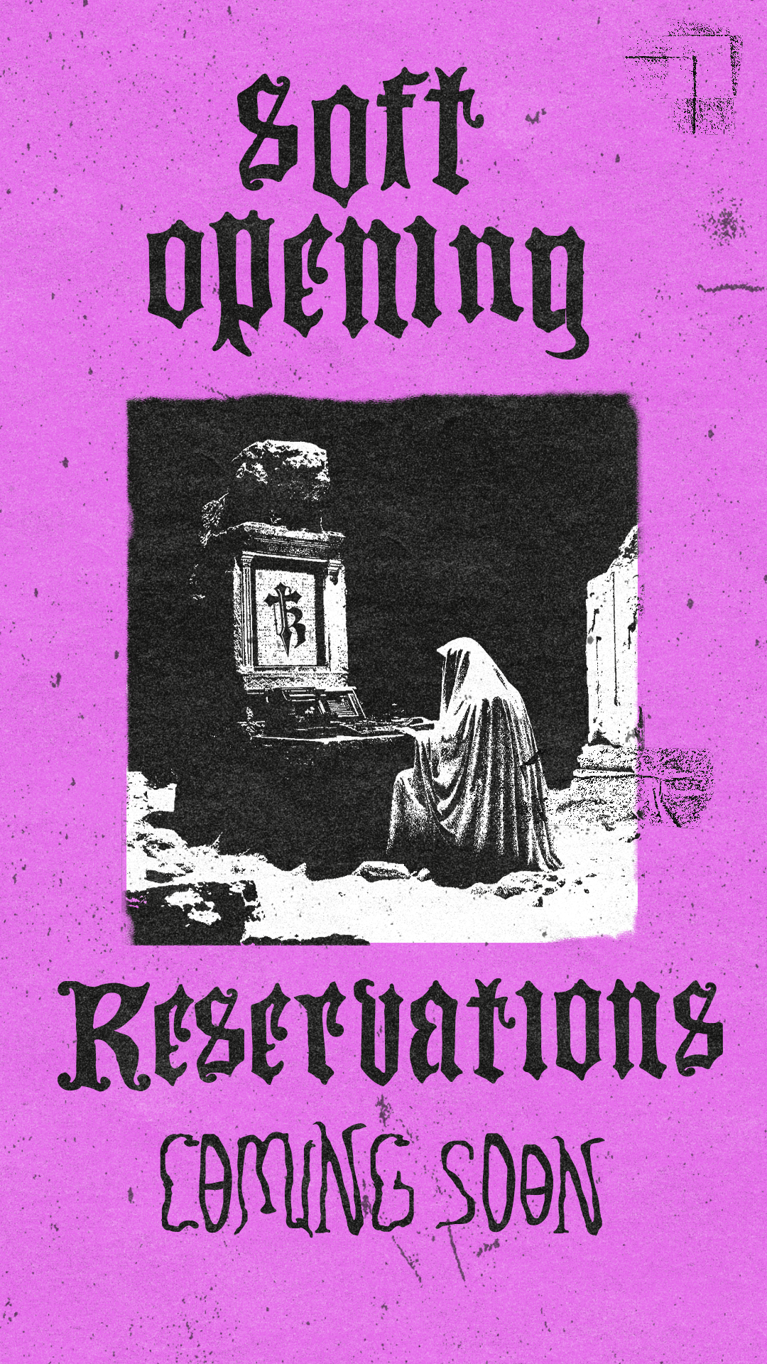 A poster with a purple background that says 'soft revolution' at the top and 'coming soon' at the bottom. In the center, there is a black-and-white image of a person in a cloak kneeling at a table with an old computer or typewriter, with a symbol on 