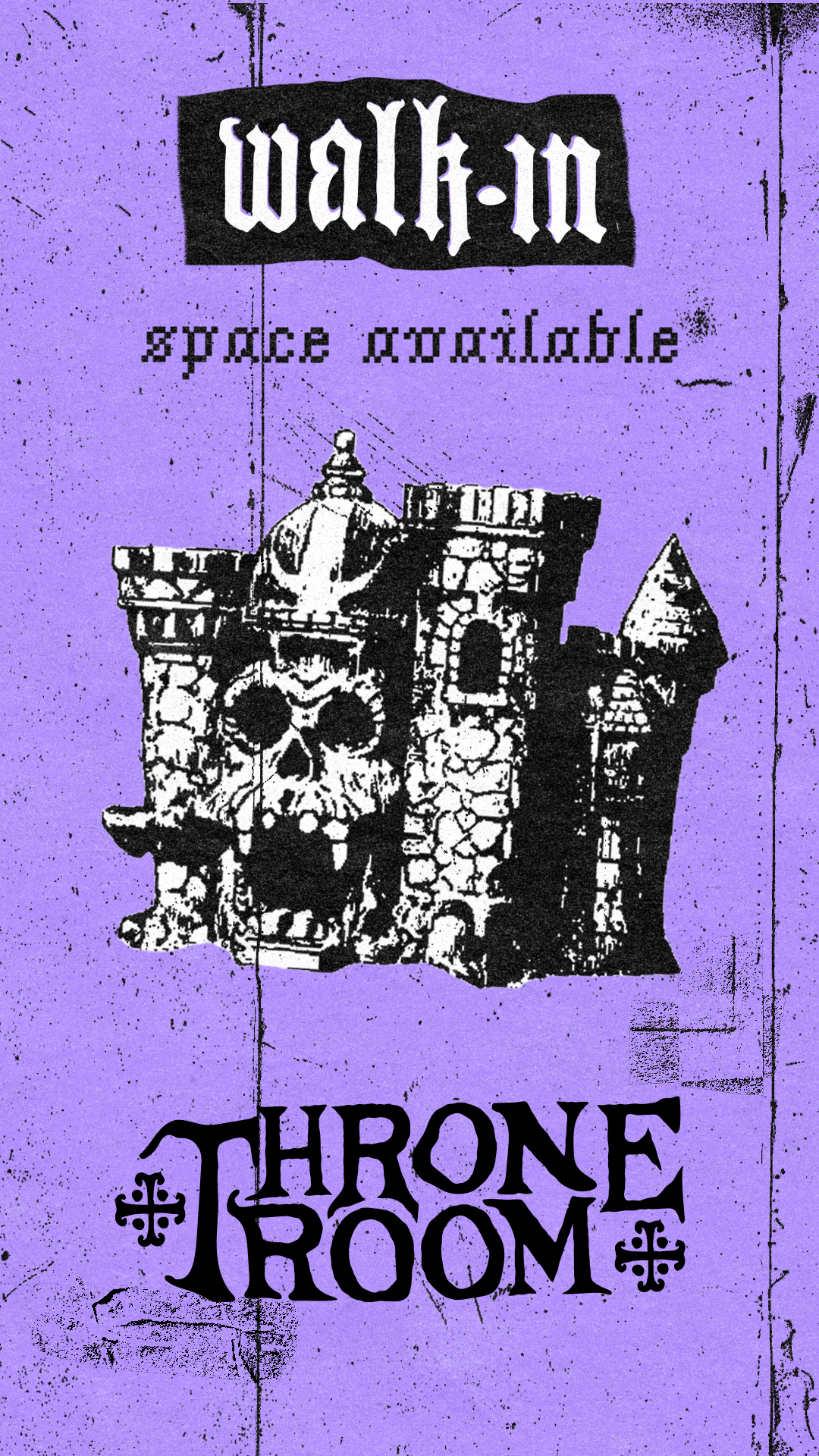 A purple banner with black and white gothic-style text reading 'walk-in', 'space portable', and 'Throne Room'. The banner features a black and white illustration of a castle turret with a skull decoration.