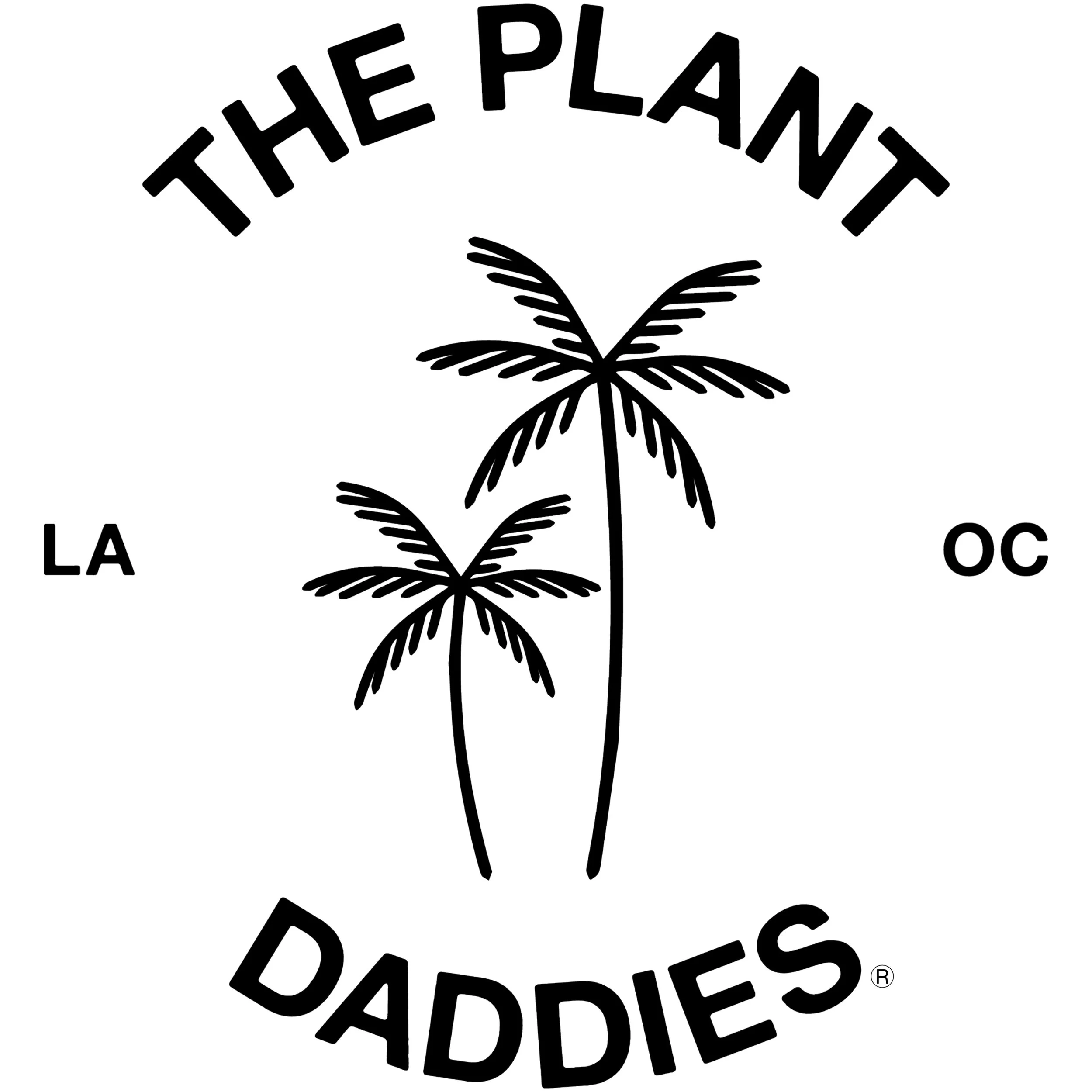 Black and white logo with the text 'The Plant Daddies' in a curved arrangement above a stylized plant with multiple leaves.