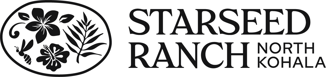 Logo for Starseed Ranch North Kohala featuring a hibiscus flower, a fern, and a caterpillar.