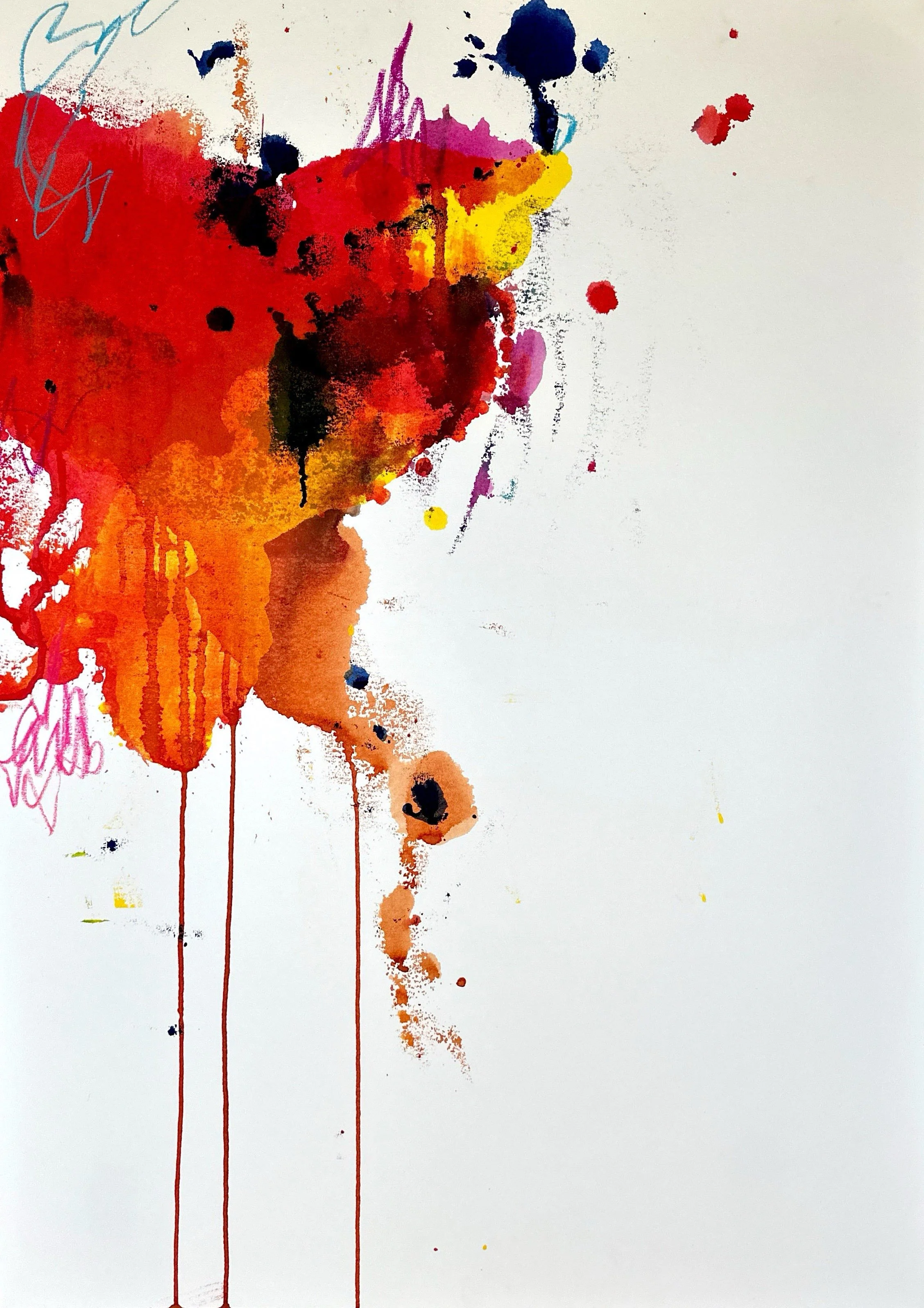 Abstract watercolor painting with red, orange, yellow, purple, and black splashes and drips on a white background.