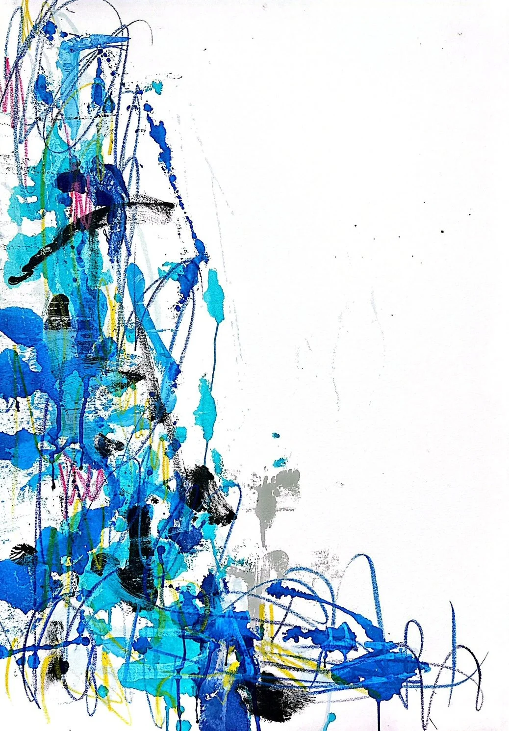 Abstract painting with blue, yellow, black, pink, gray, and white colors, featuring splatters, drips, and scribbles on the left side of the canvas.