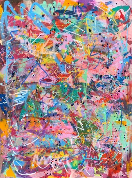 Bring on the joy,   Acrylic Paint & Spray Paint & mixed media on Canvas 121 x 92 x 4 cm