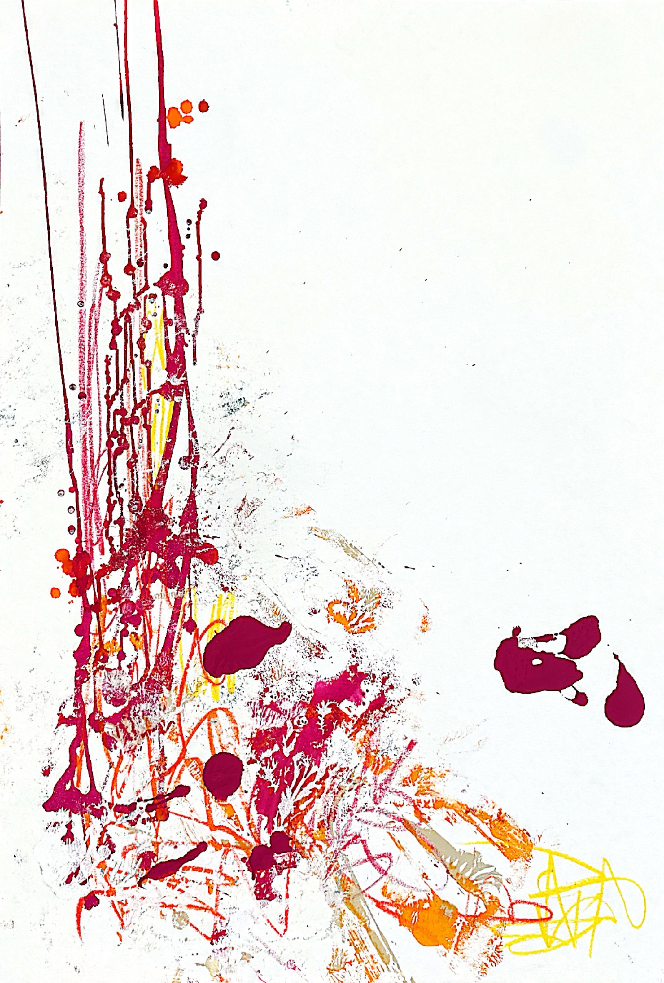 Abstract splash of colorful paint in red, orange, yellow, black, and purple on white background.