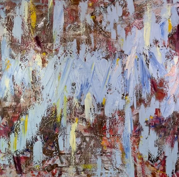 Abstract painting with bold brushstrokes in red, yellow, blue, white, and brown colors.