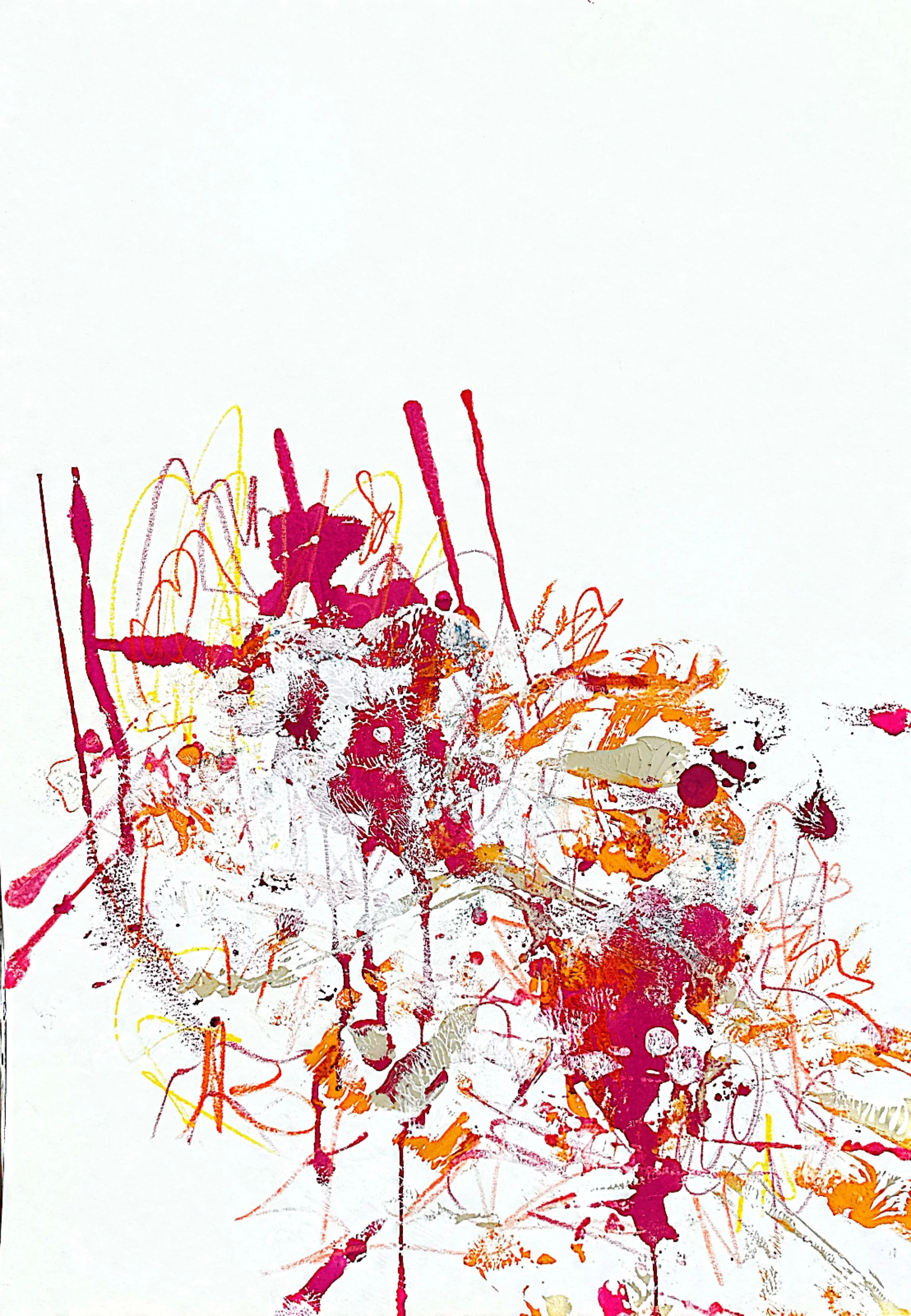 Abstract artwork with splashes of pink, orange, yellow, and beige on white background.