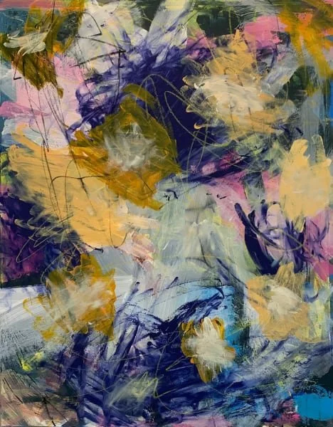 Abstract painting with yellow, purple, pink, white, and blue brushstrokes and splashes of color