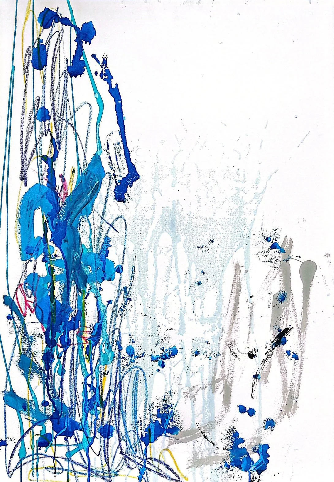Abstract artwork with blue, gray, and black ink splatters and lines on a white background.