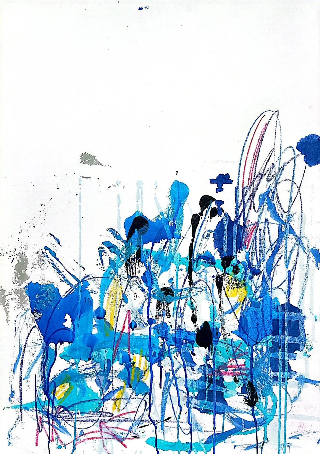 An abstract watercolor painting featuring splashes and drips of blue, black, yellow, gray, and pink paint on a white background.