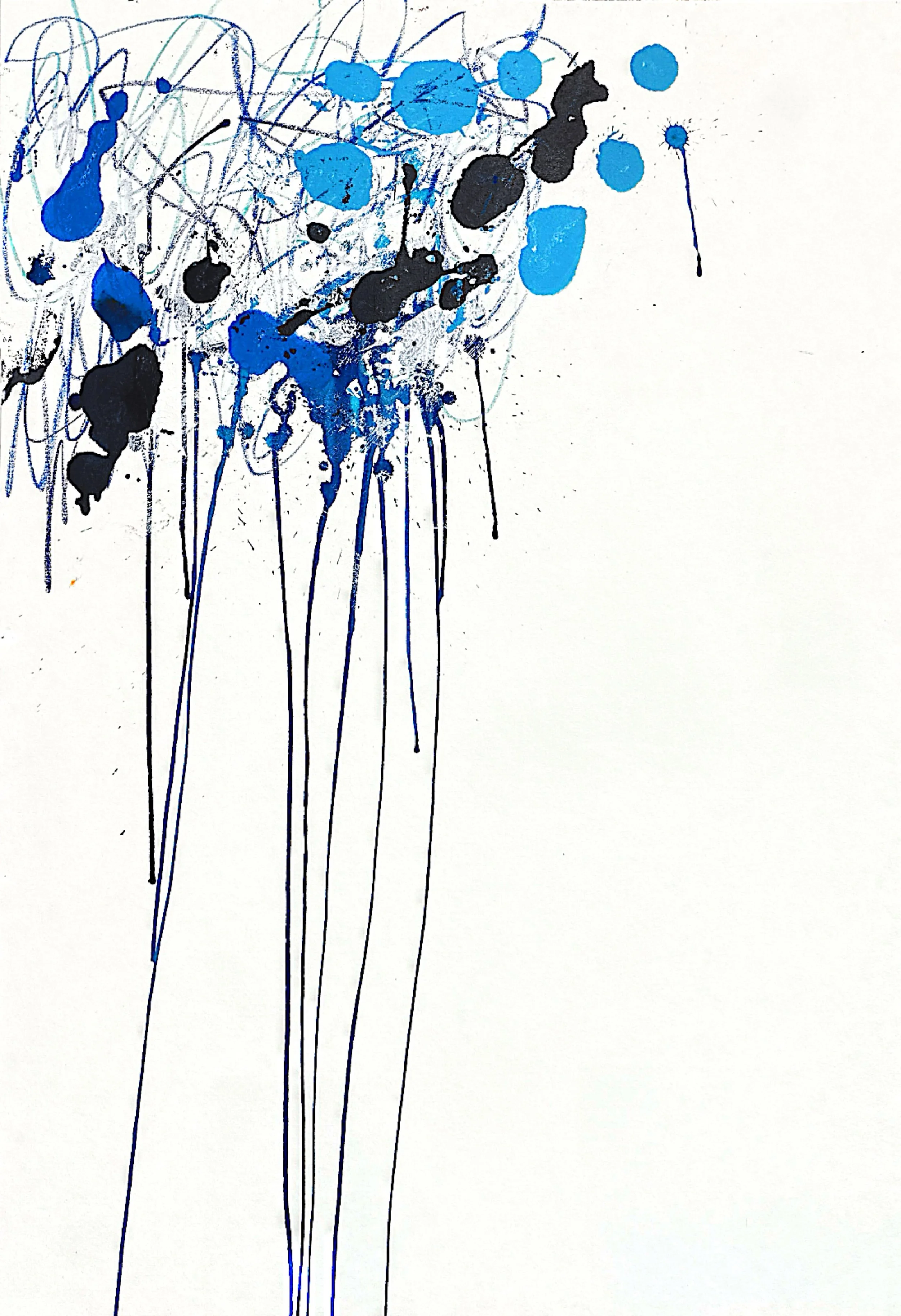 Abstract painting with blue, black, and some grey splatters and drips on white background.