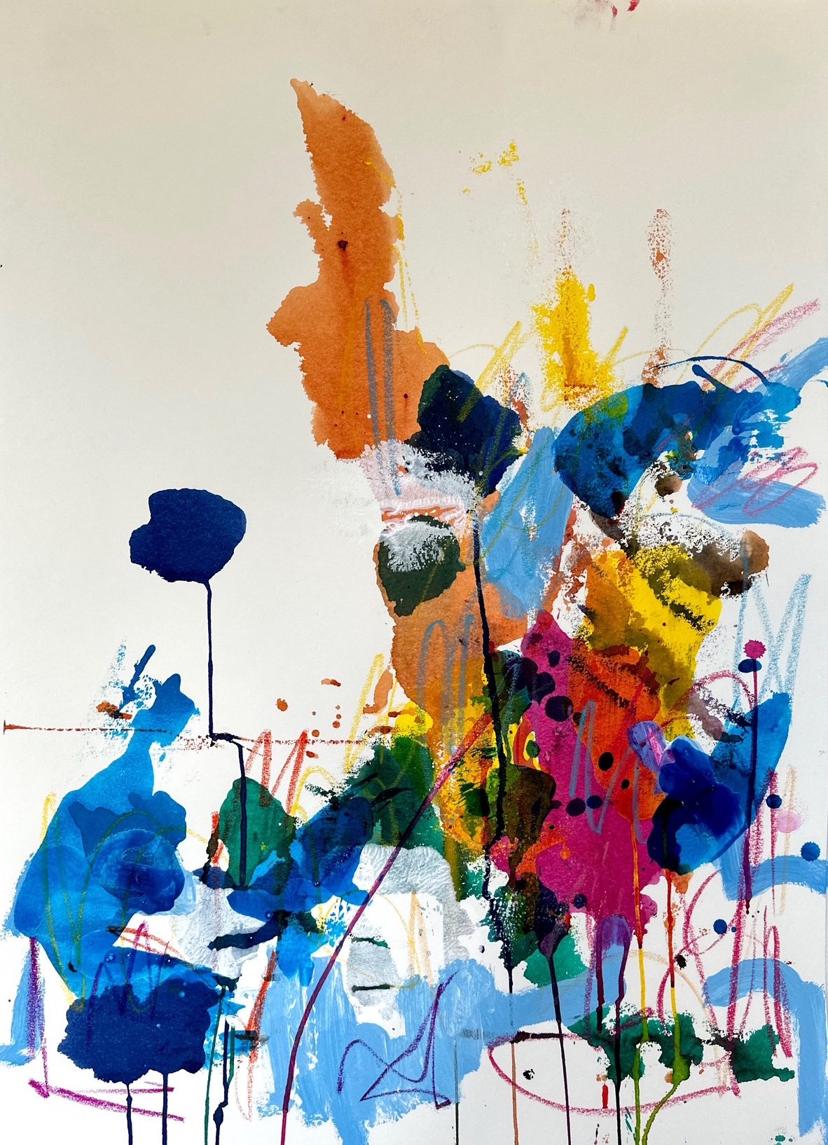 Abstract watercolor painting with vibrant splashes of orange, blue, yellow, pink, green, and black, with flower-like shapes and drips on a white background.