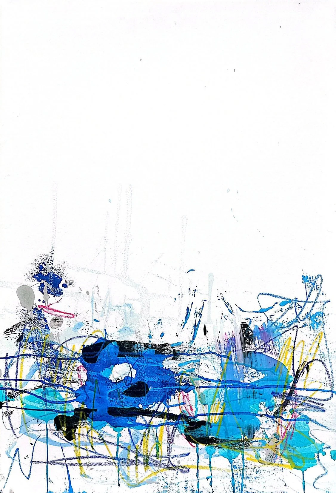 Abstract modern art with splashes of blue, black, yellow, pink, and purple paint on a white background.