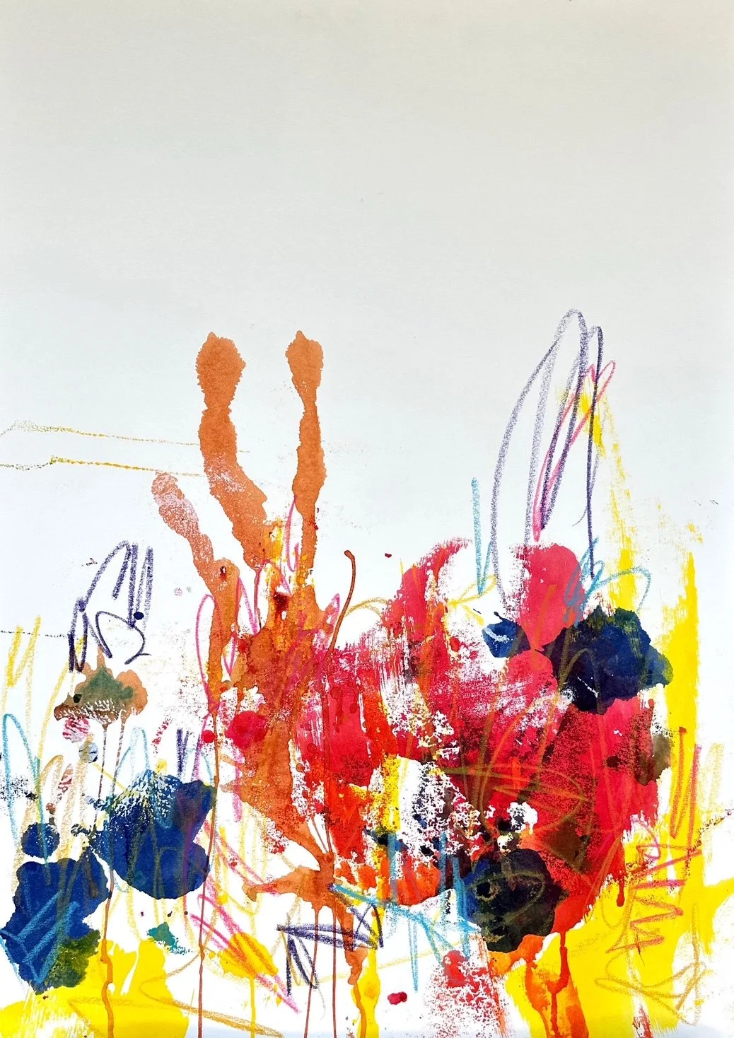 An abstract watercolor painting featuring vibrant splashes of red, orange, yellow, blue, green, and purple on a white background.