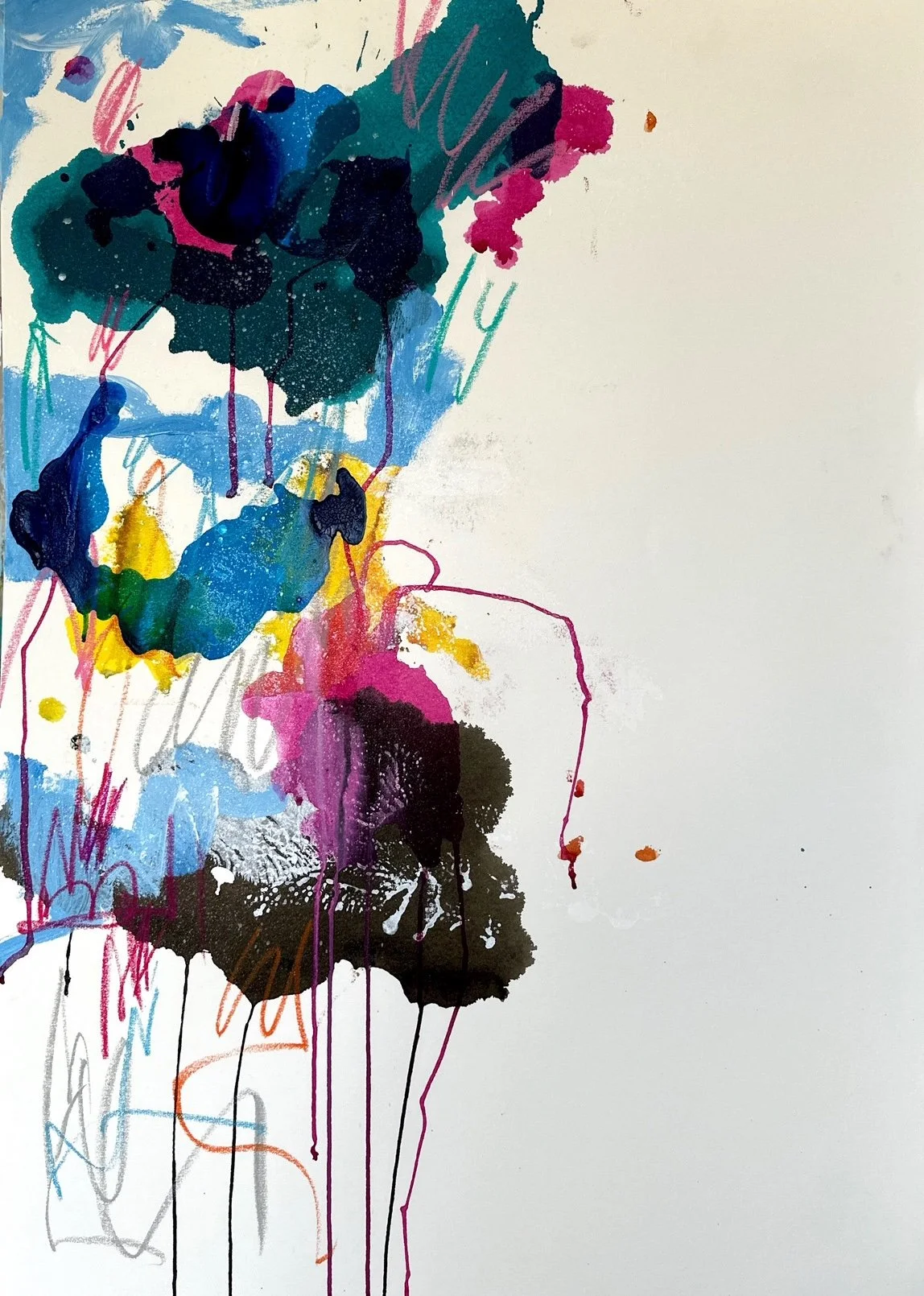 Abstract watercolor painting with splashes of blue, pink, yellow, black, and other colors on white background.