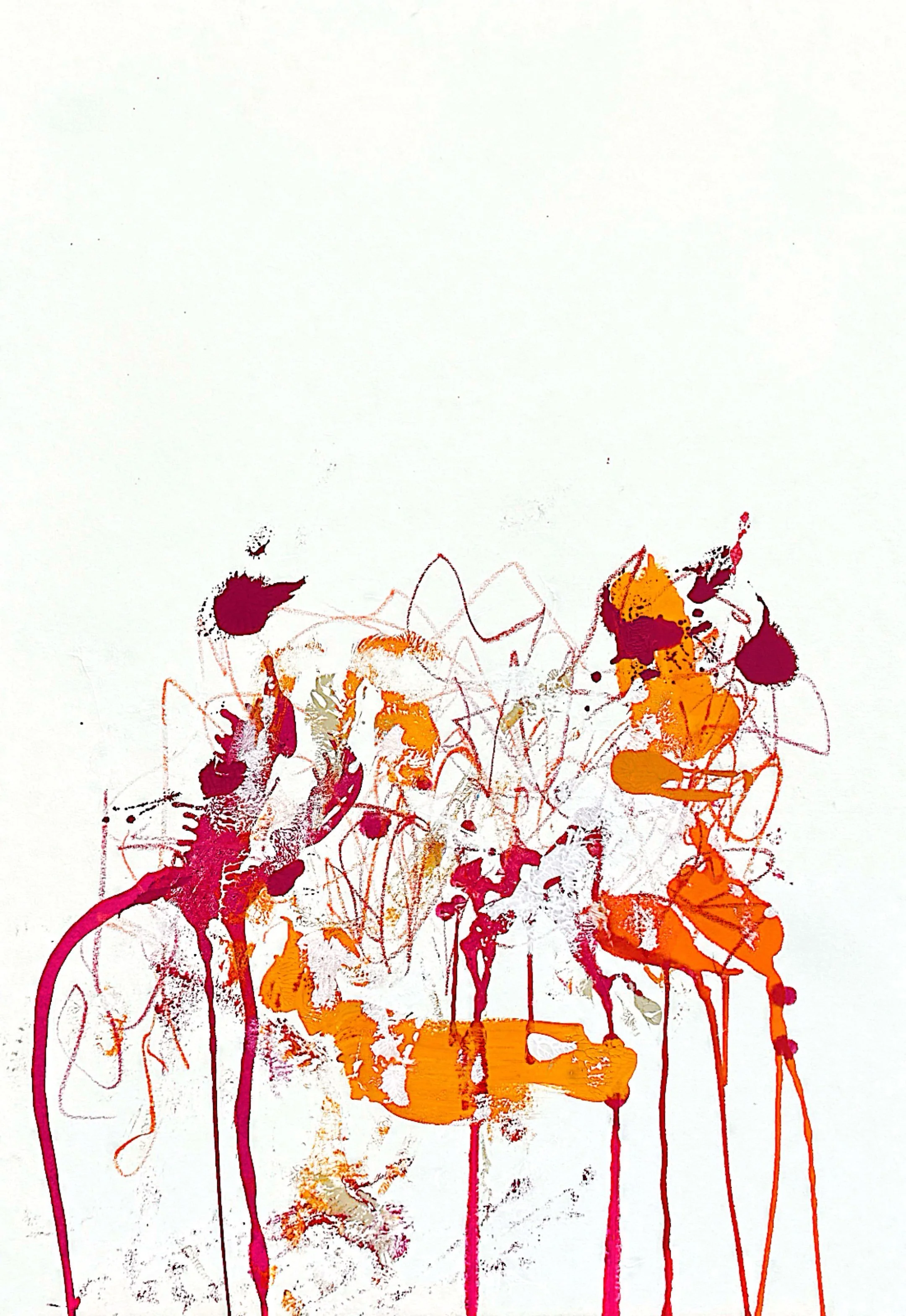 Abstract painting with splashes of pink, orange, and beige on a white background.