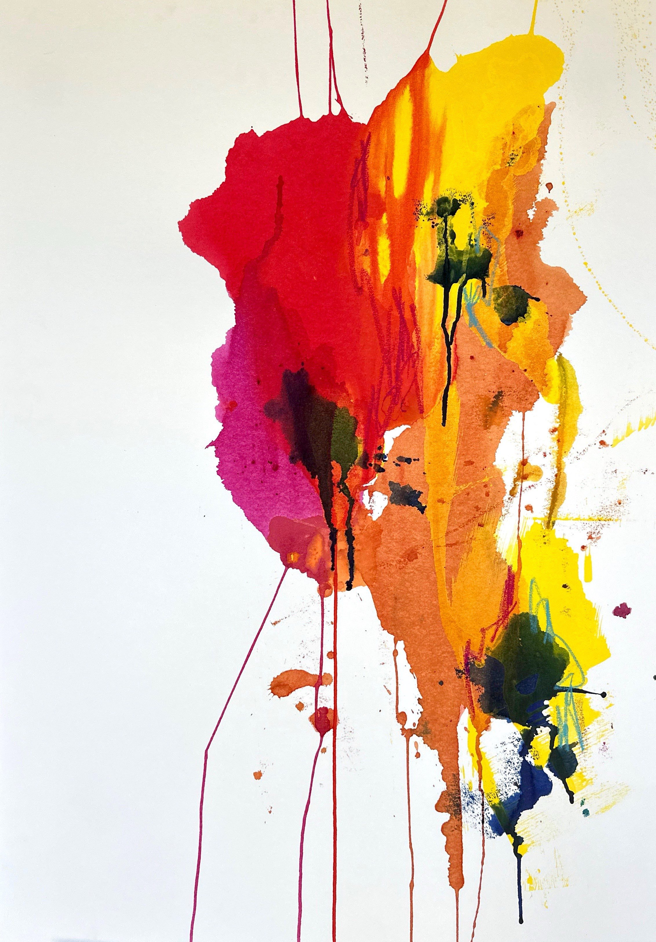 Abstract watercolor painting with splashes of red, pink, orange, yellow, blue, and black on a white background.