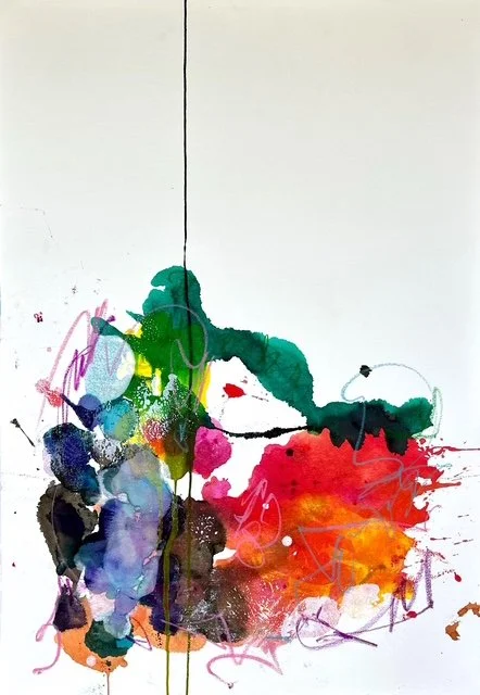 Abstract watercolor painting with vibrant splashes of purple, blue, green, yellow, red, orange, and black on a white background.