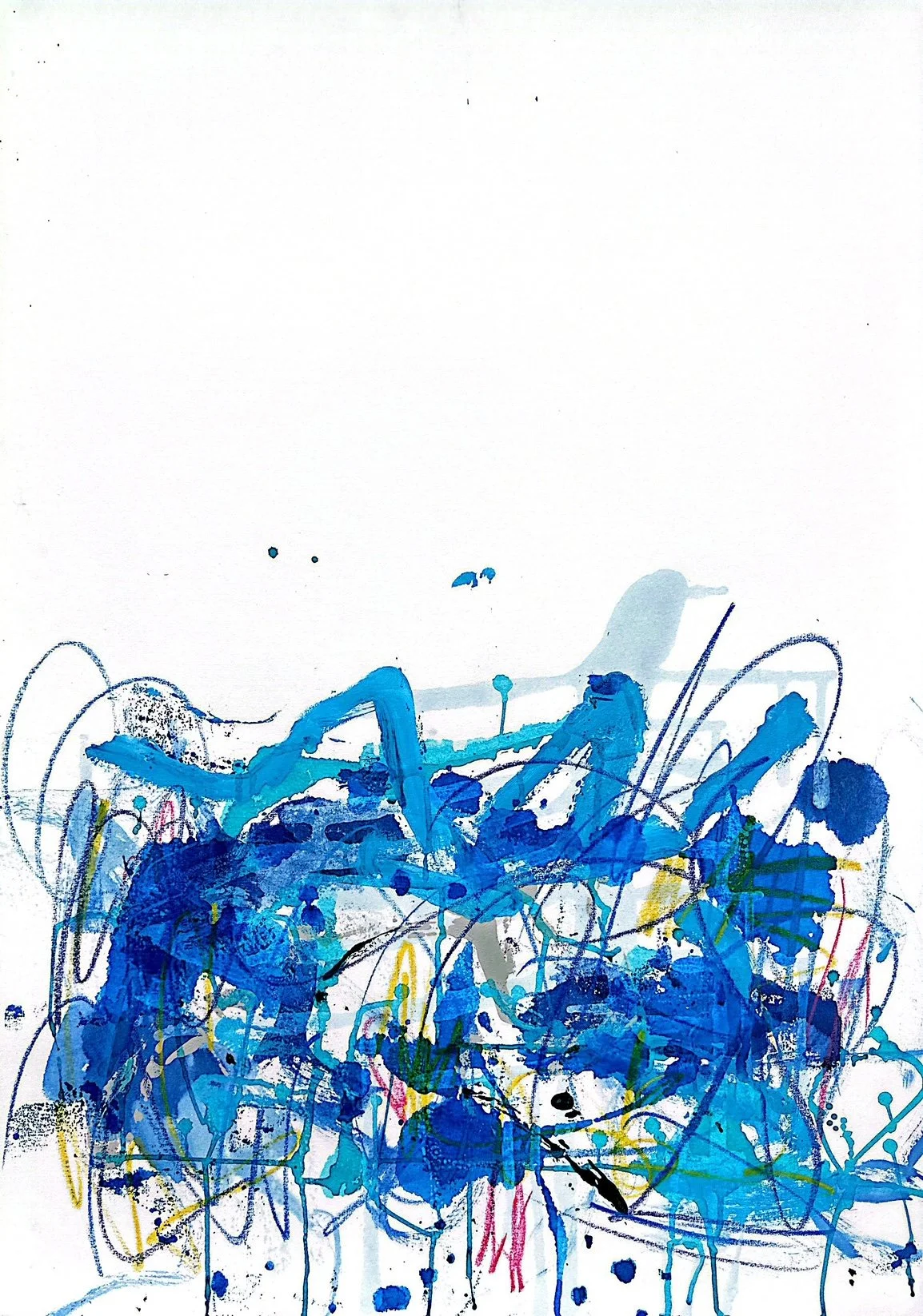 Abstract painting with blue, black, yellow, pink, and gray splashes and lines on white background.