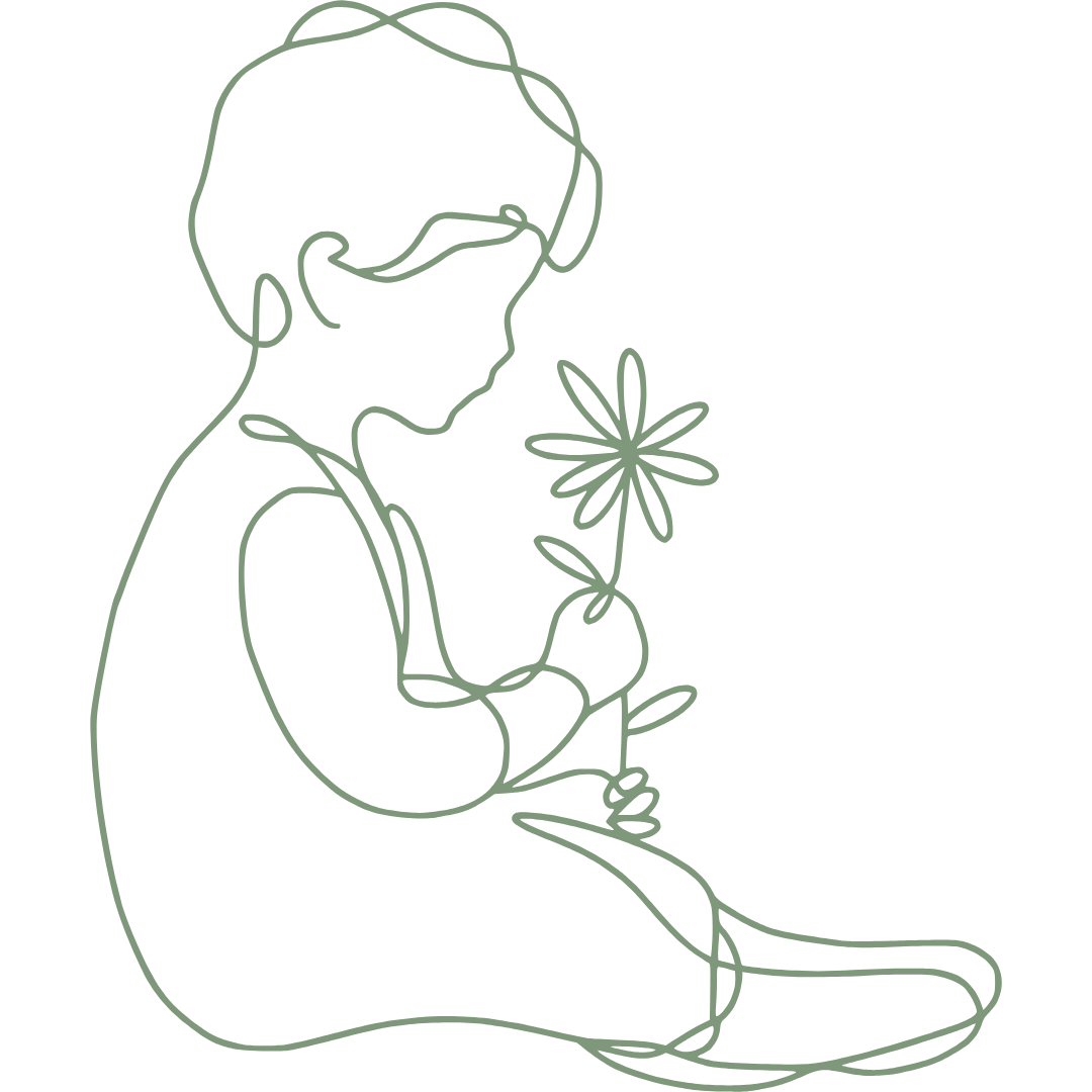 Line drawing of a child sitting and holding a flower against a black background.