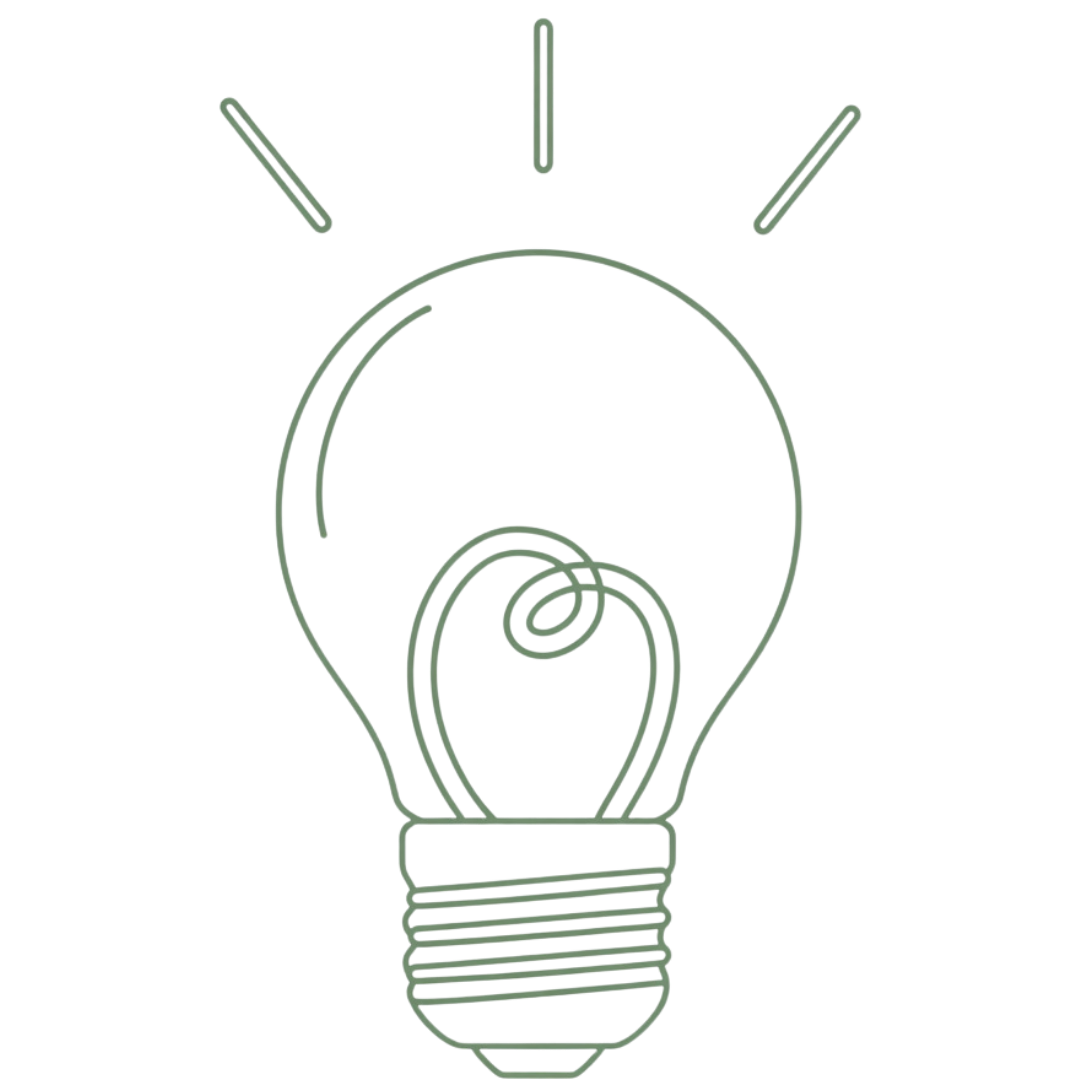 Line drawing of a light bulb with rays emanating from it.
