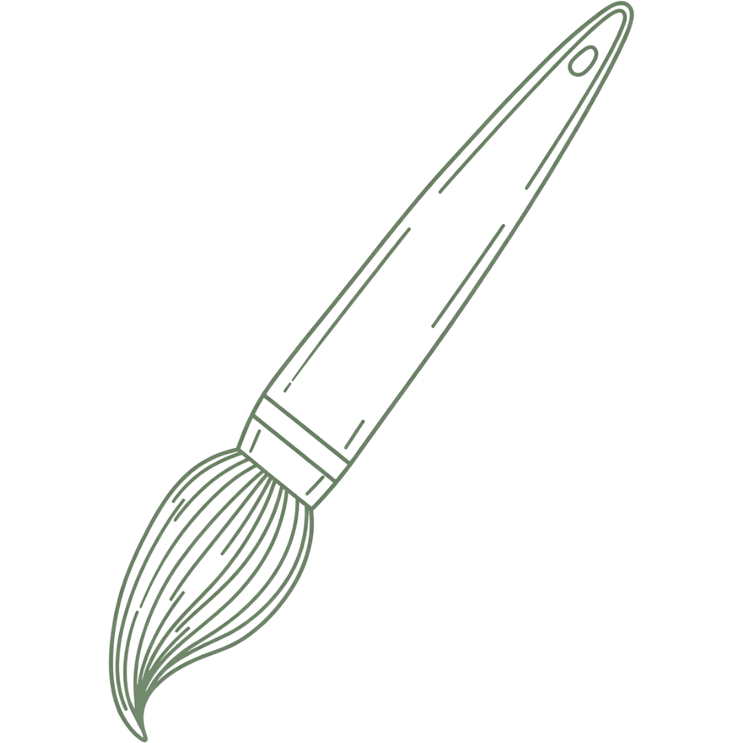Line drawing of a paintbrush with a wooden handle and bristles.