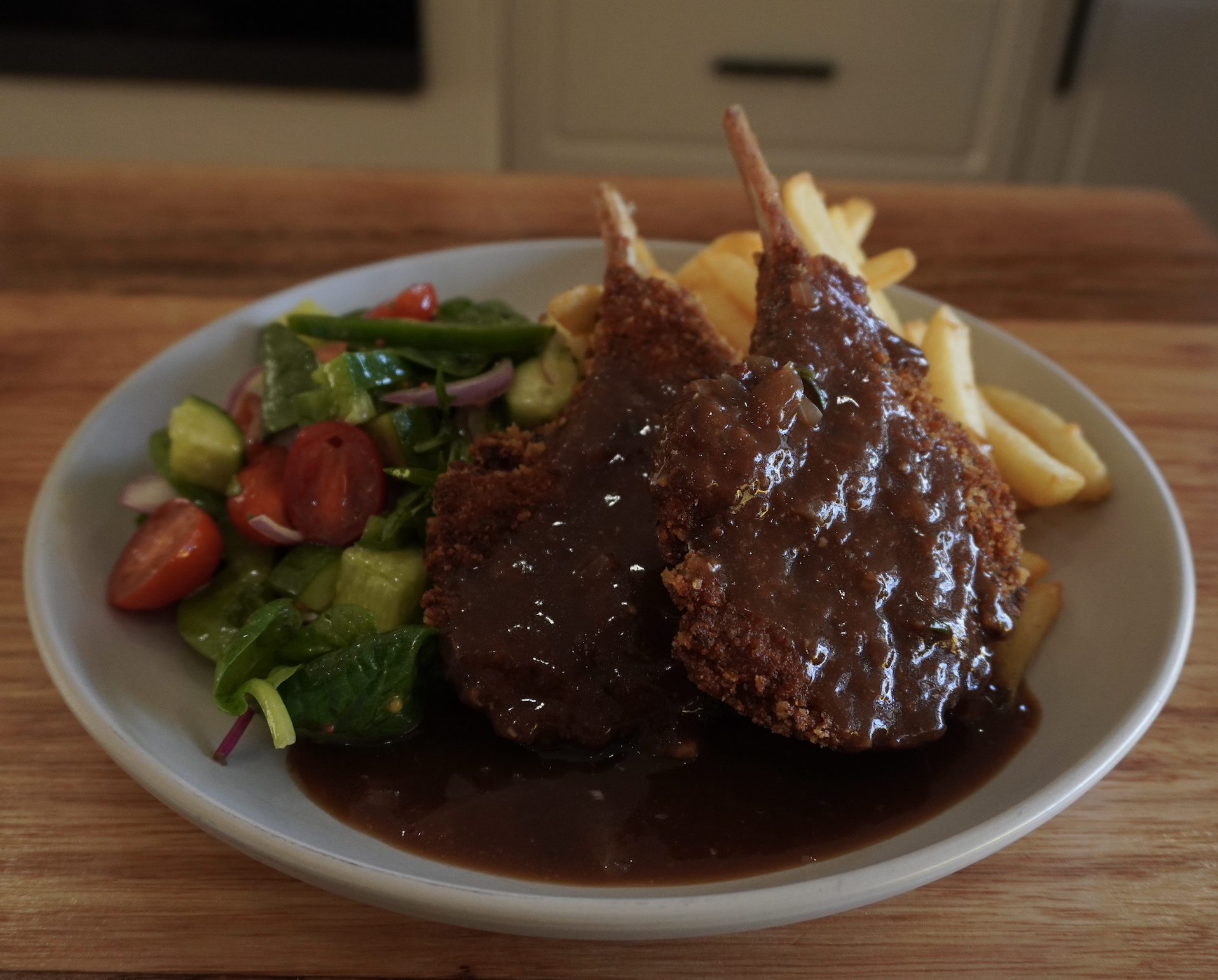 Crumbed Lamb Cutlets with Port &amp; Rosemary Gravy