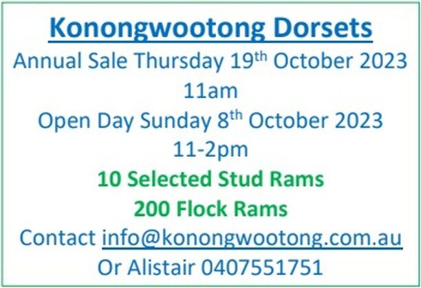 Thank you to Konongwootong Dorsets for sponsoring the 2023 Coleraine Show. Make sure to be there for their Annual Sale on Thursday 19th of October from 11am.