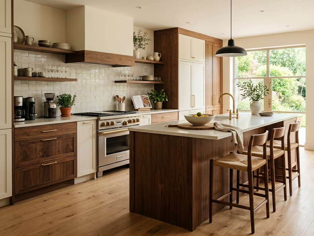 Cuisine lumineuse avec un îlot central en bois, quatre chaises en bois tissé, grandes fenêtres laissant entrer la lumière, étagères en bois avec vaisselle, plantes et ustensiles de cuisine.