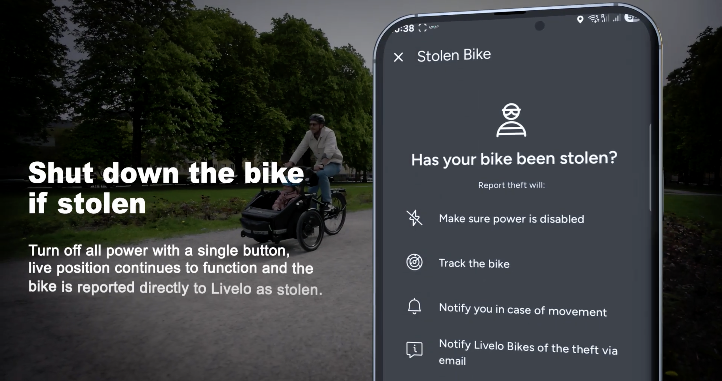 Picture of Livelo app showcasing the stolen bike option and how to track your bike
