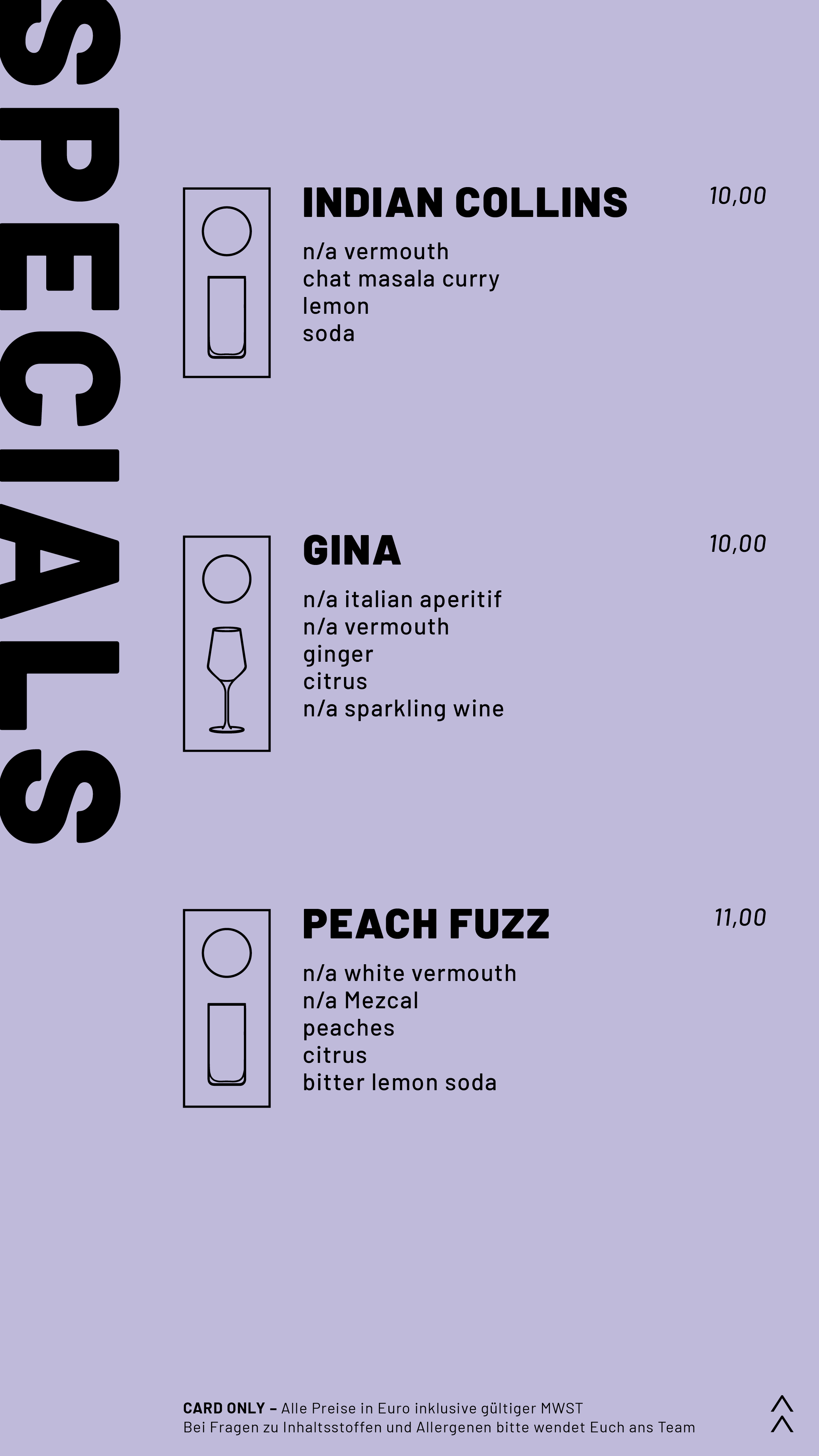 Speisekarte mit drei Cocktails: Indian Collins, Gina und Peach Fuzz, jeweils mit Zutaten und Preisen in Euro.