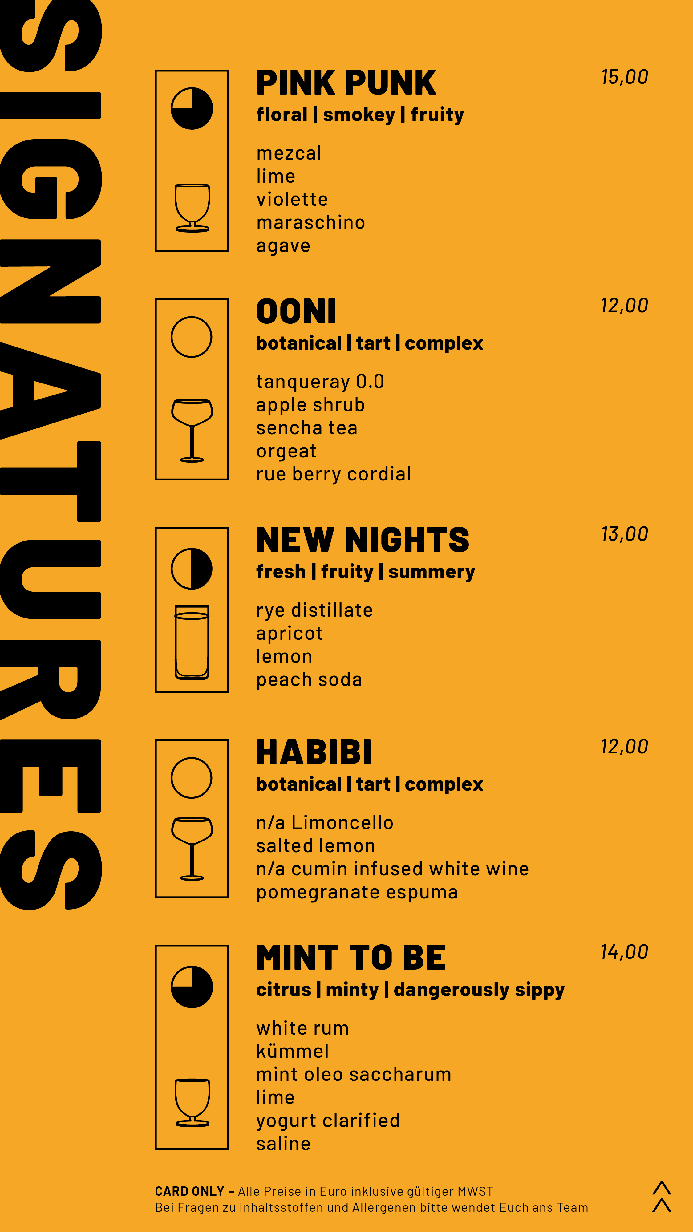 Menükarte mit Cocktail-Getränken, auf gelbem Hintergrund, inklusive Namen, Beschreibung, Zutaten und Preisen.