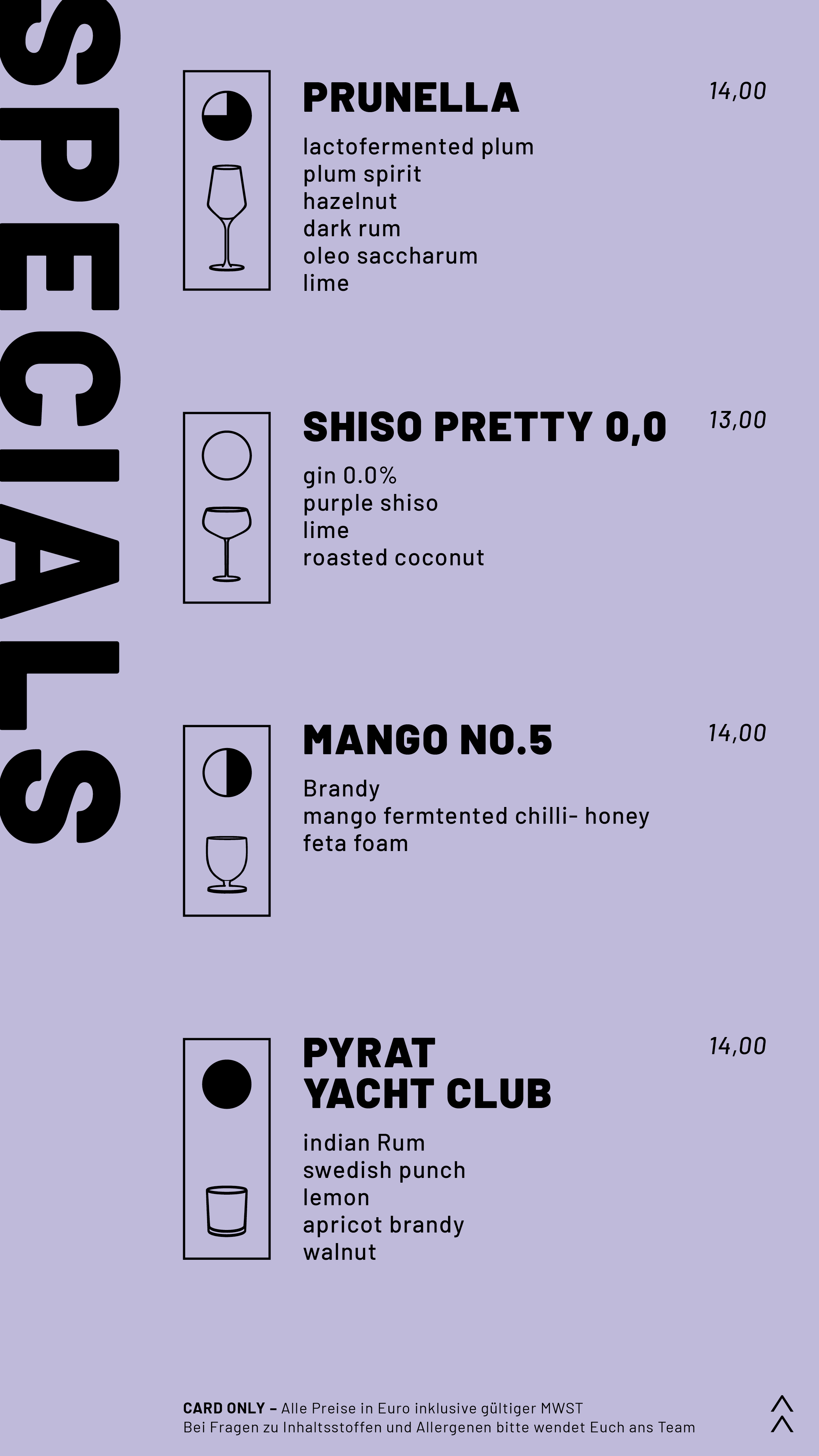 Getränkekarte mit vier Cocktails: Prunella, Shiso Pretty 0,0, Mango No.5 und Pyrat Yacht Club, mit Zutaten und Preisen, neonlila Hintergrund.