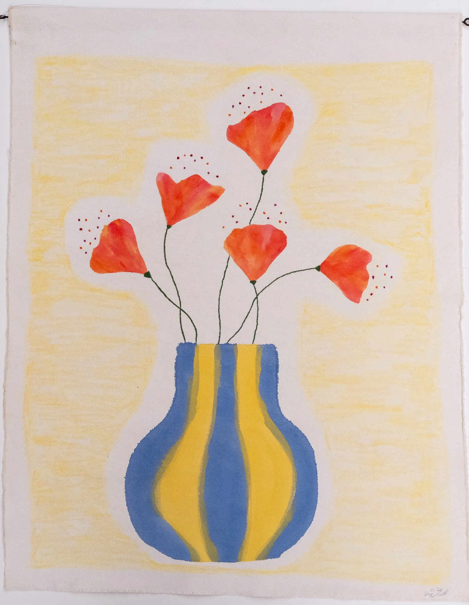 Blumenfürmich 6/26- Acryl und Ölkreide auf roher Baumwolle Bestickt mit Wolle, 100x82 cm, Preis auf Anfrage