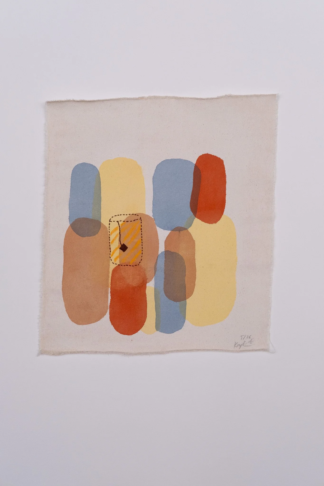 Kaffi 5/26- Acryl und Ölkreide auf roher Baumwolle Bestickt mit Wolle, Preis auf Anfrage