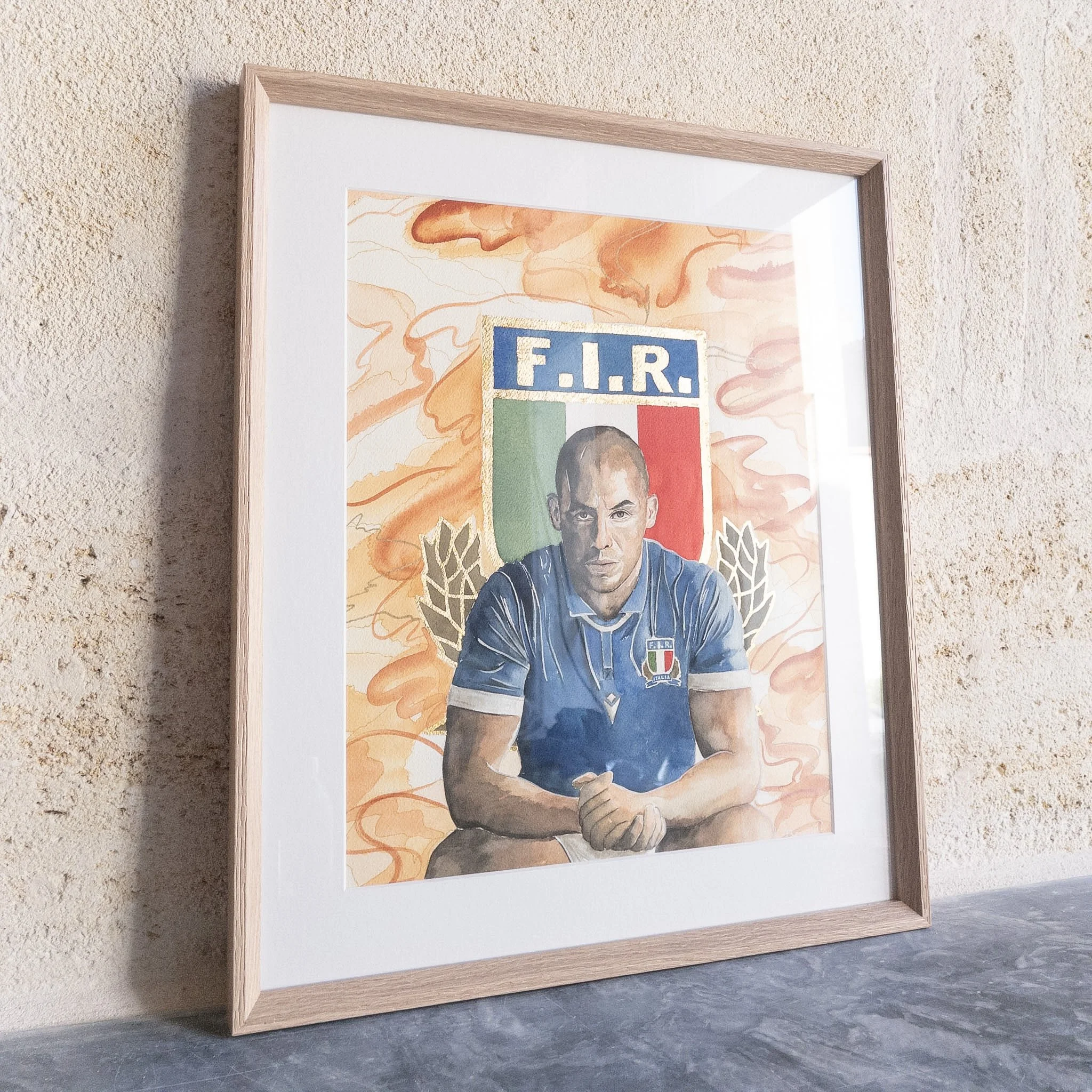 Portrait original de Sergio Parisse, aquarelle, collection Légendes du Rugby — Isabelle Brenig Art