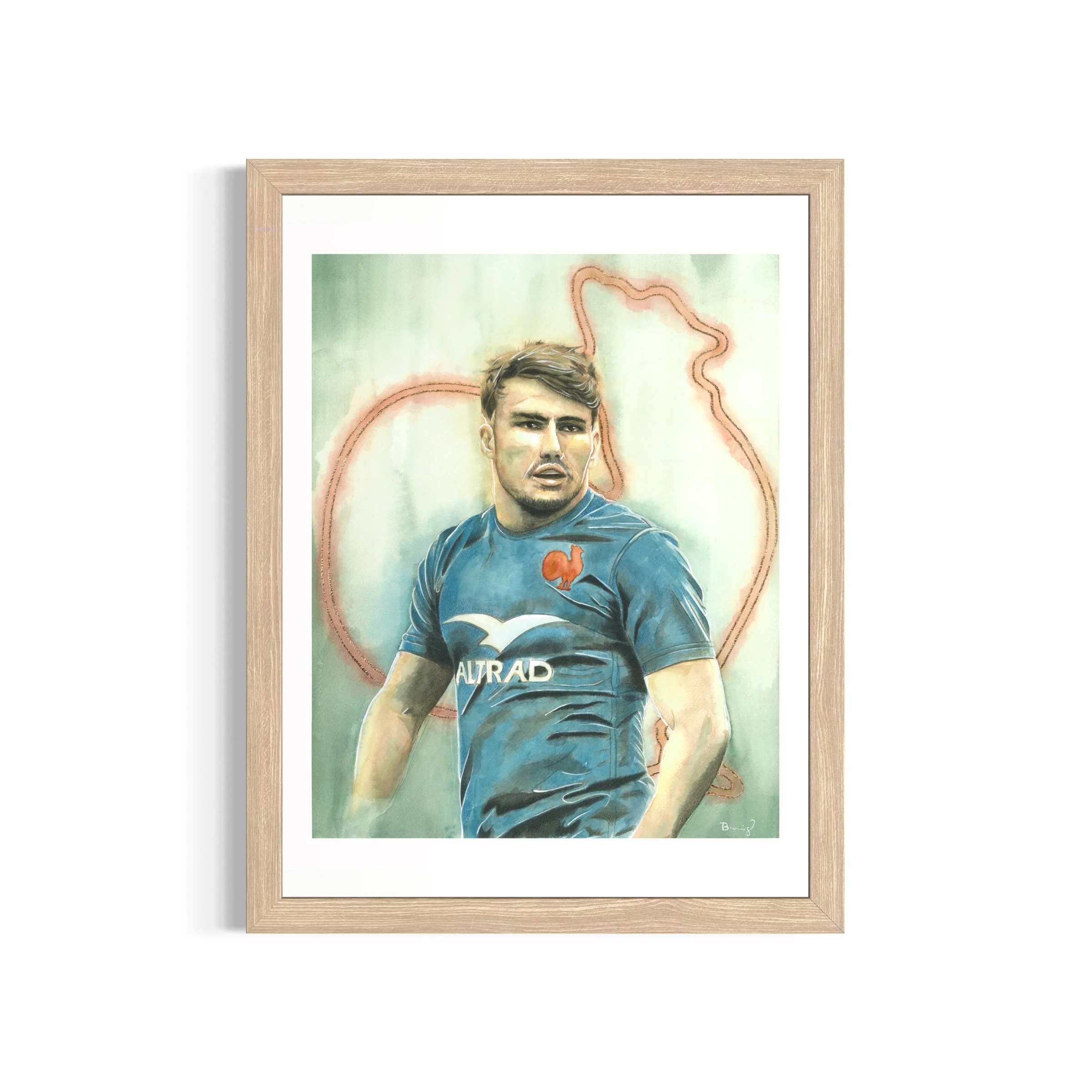 Antoine Dupont, tirage d'art 30 x 40 cm rehaussé à la main d'après un portrait à l'aquarelle — collection Légendes du Rugby