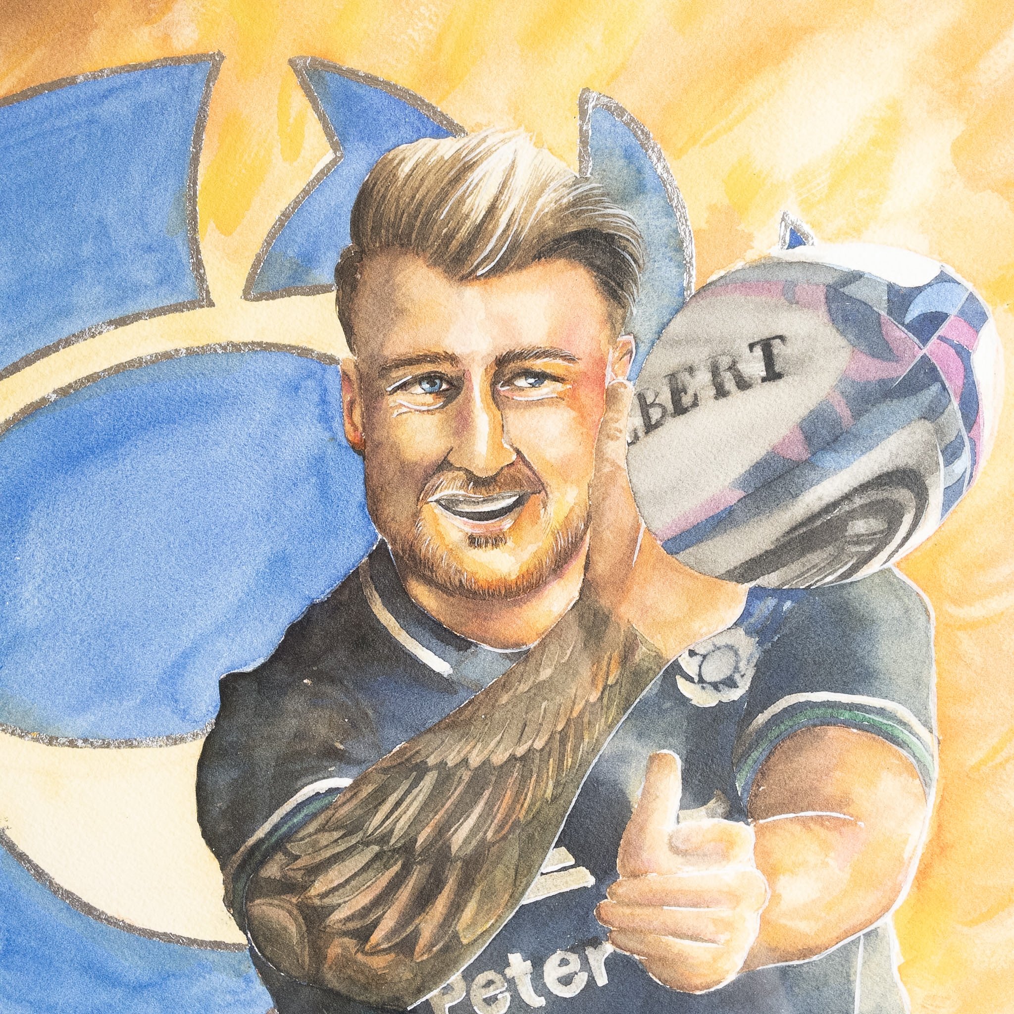 Détail de l'aquarelle originale — portrait de Stuart Hogg, feuilles d'aluminium et grain du papier Arches