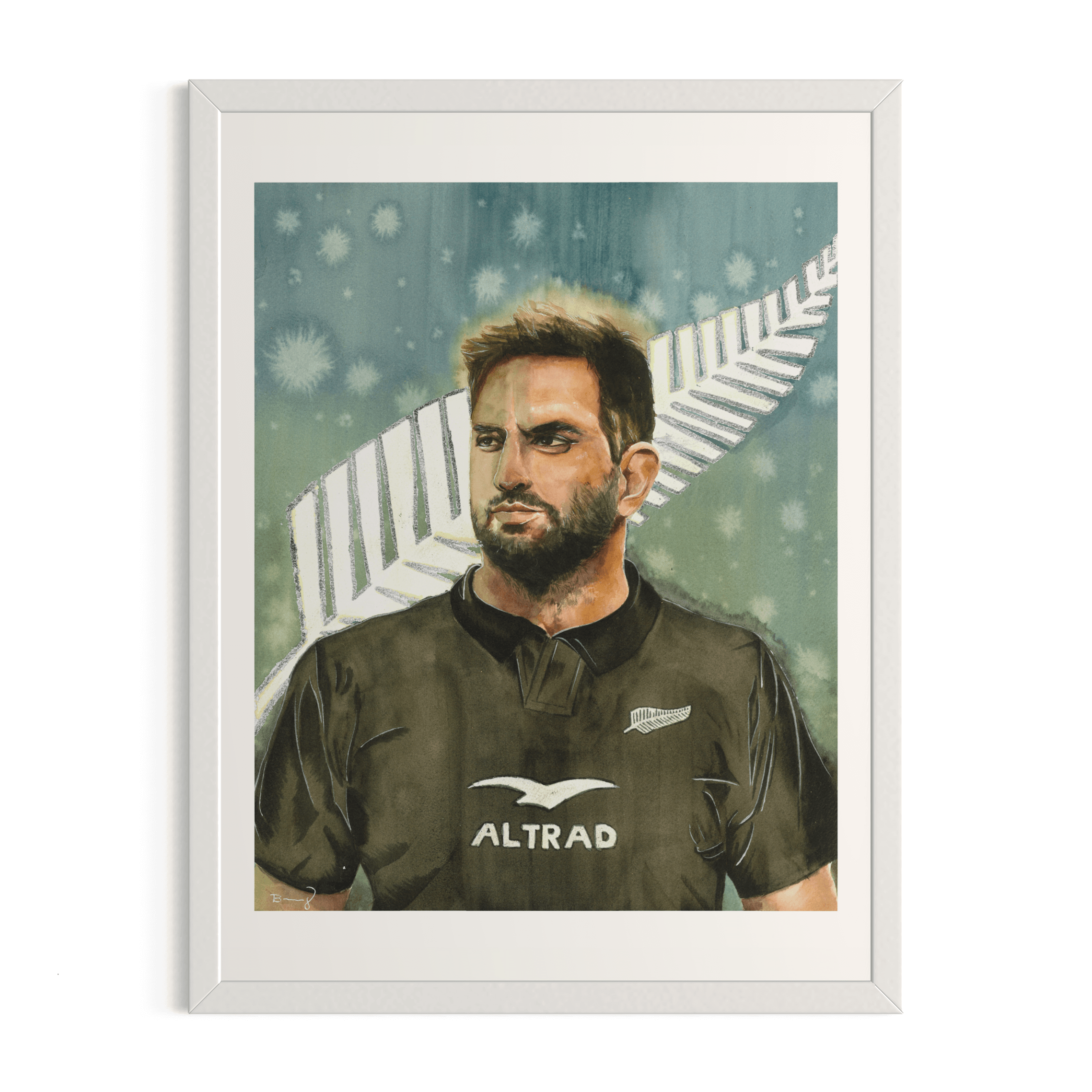 Tirage d'art 30 x 40 cm du joueur de rugby néo-zélandais Sam Whitelock dans le maillot noir des All Blacks. Elle est ornée à la main de l'emblème argenté des All Blacks et s'inscrit dans un cadre blanc standard de 30 x 40 cm.