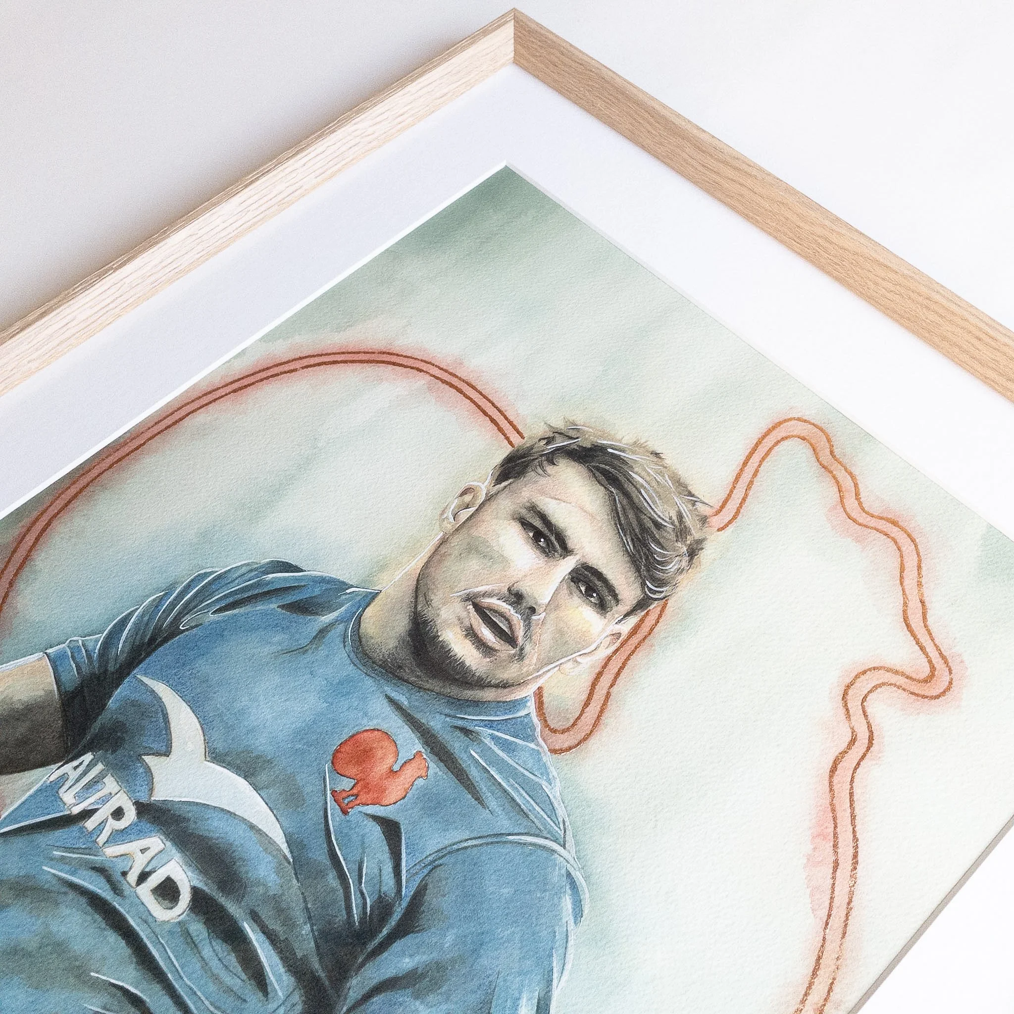 Portrait d'Antoine Dupont en aquarelle, cadre chêne naturel, vue en perspective