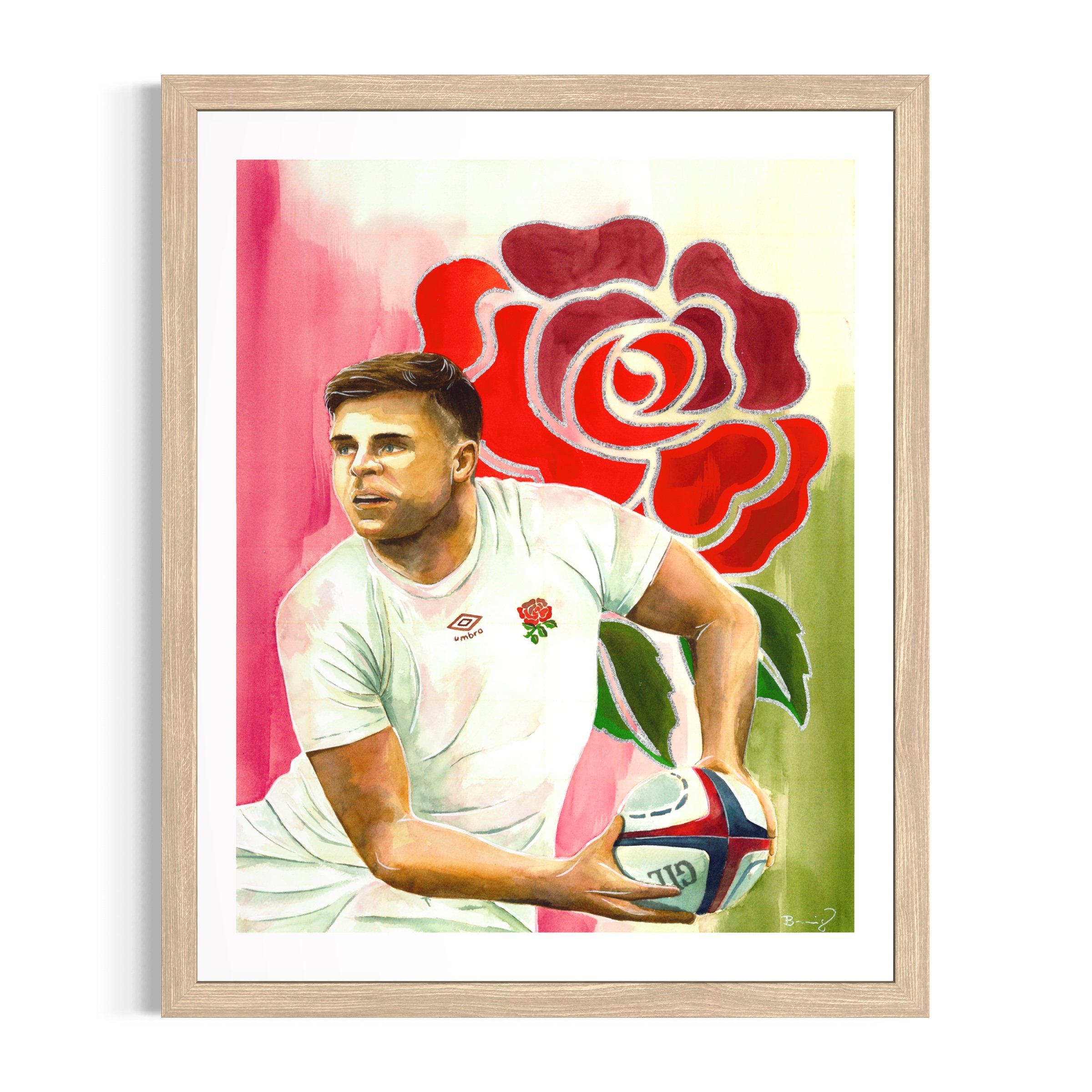 Ben Youngs, tirage d'art 40 x 50 cm rehaussé à la main d'après un portrait à l'aquarelle — collection Légendes du Rugby