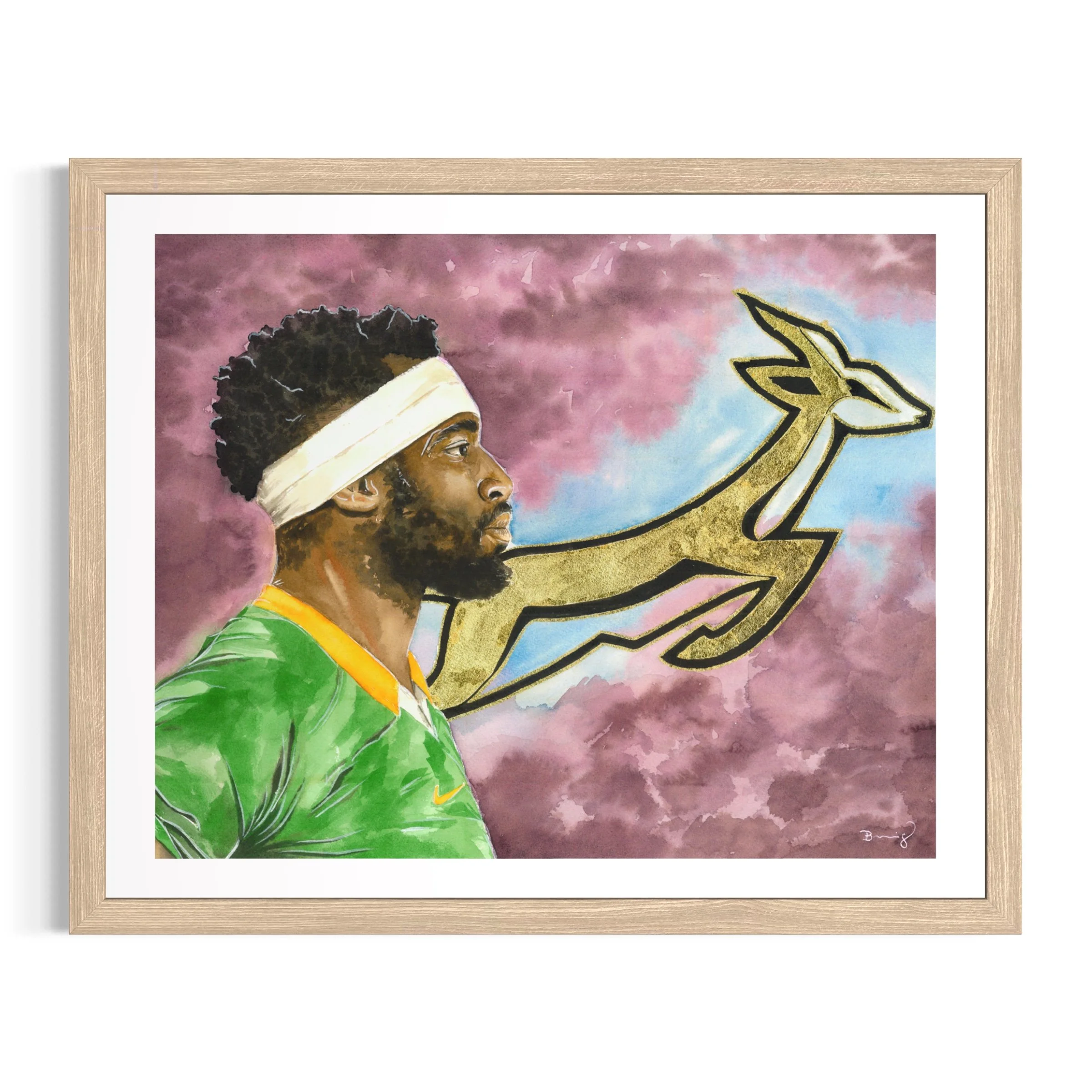 Siya Kolisi, tirage d'art 40 x 50 cm rehaussé à la main d'après un portrait à l'aquarelle — collection Légendes du Rugby