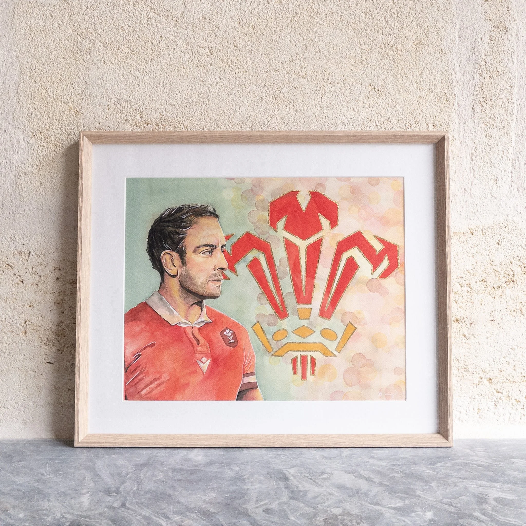 Aquarelle originale d'Alun Wyn Jones encadrée, chêne naturel et passe-partout blanc, vue de face
