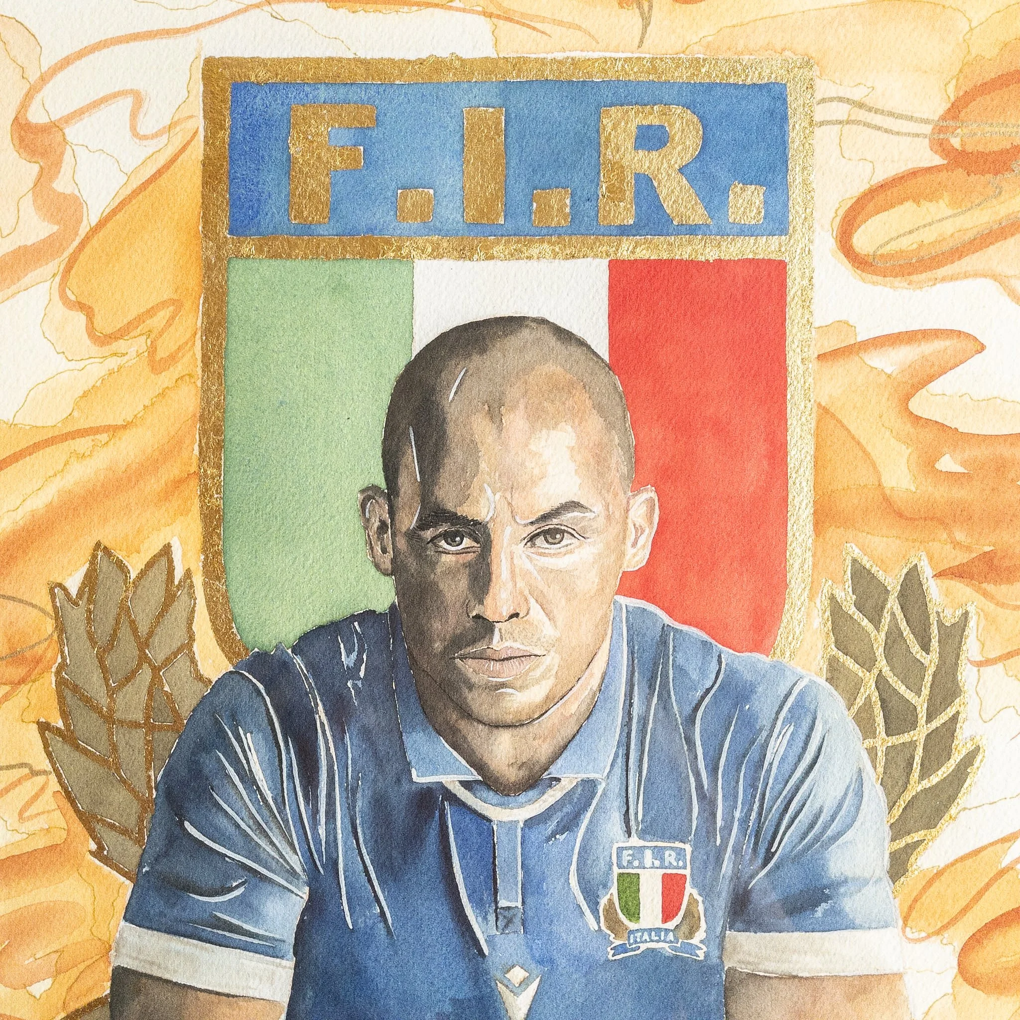 Détail de l'aquarelle originale — portrait de Sergio Parisse, feuille d'or et grain du papier Arches