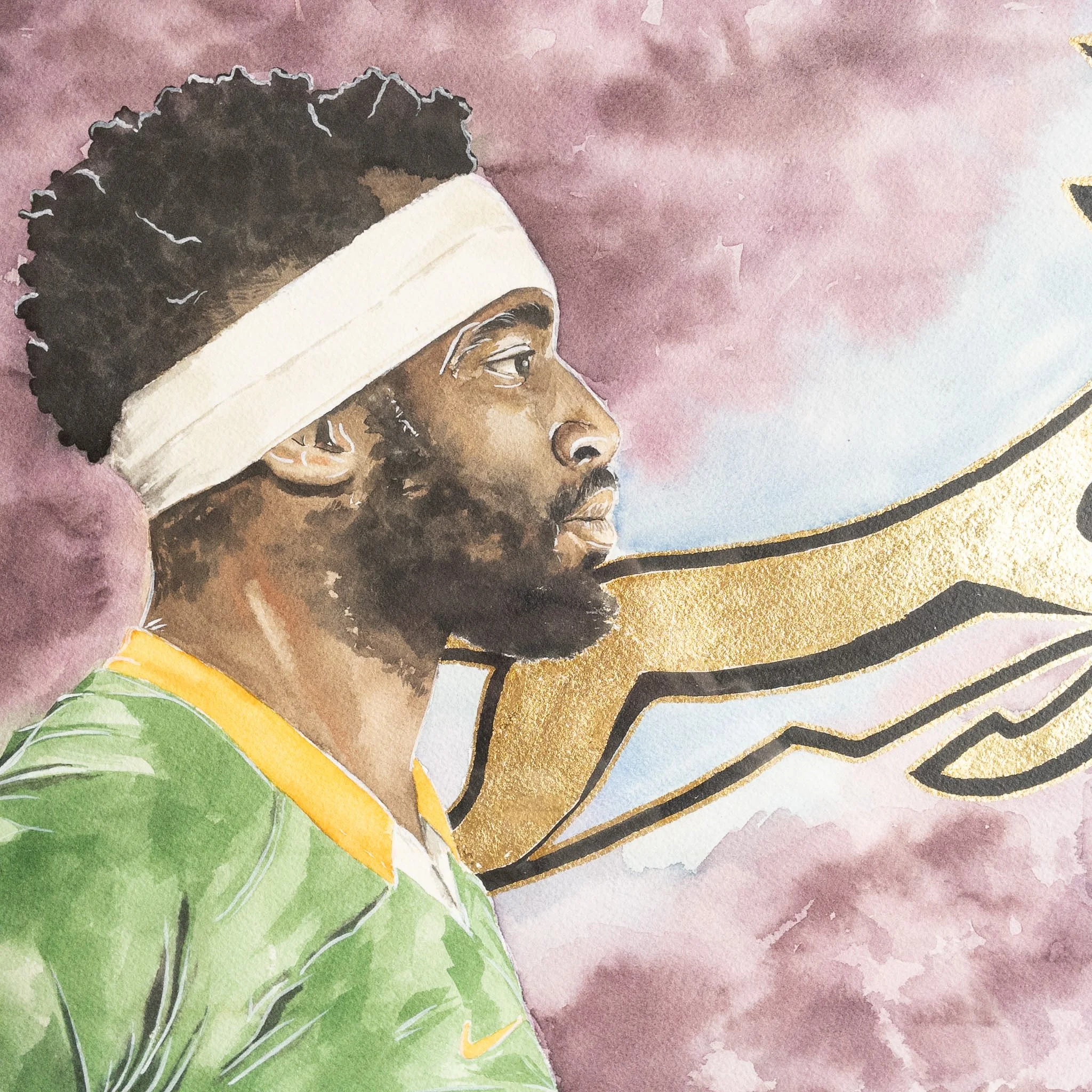 Détail de l'aquarelle originale — portrait de Siya Kolisi, feuilles d'or et grain du papier Arches