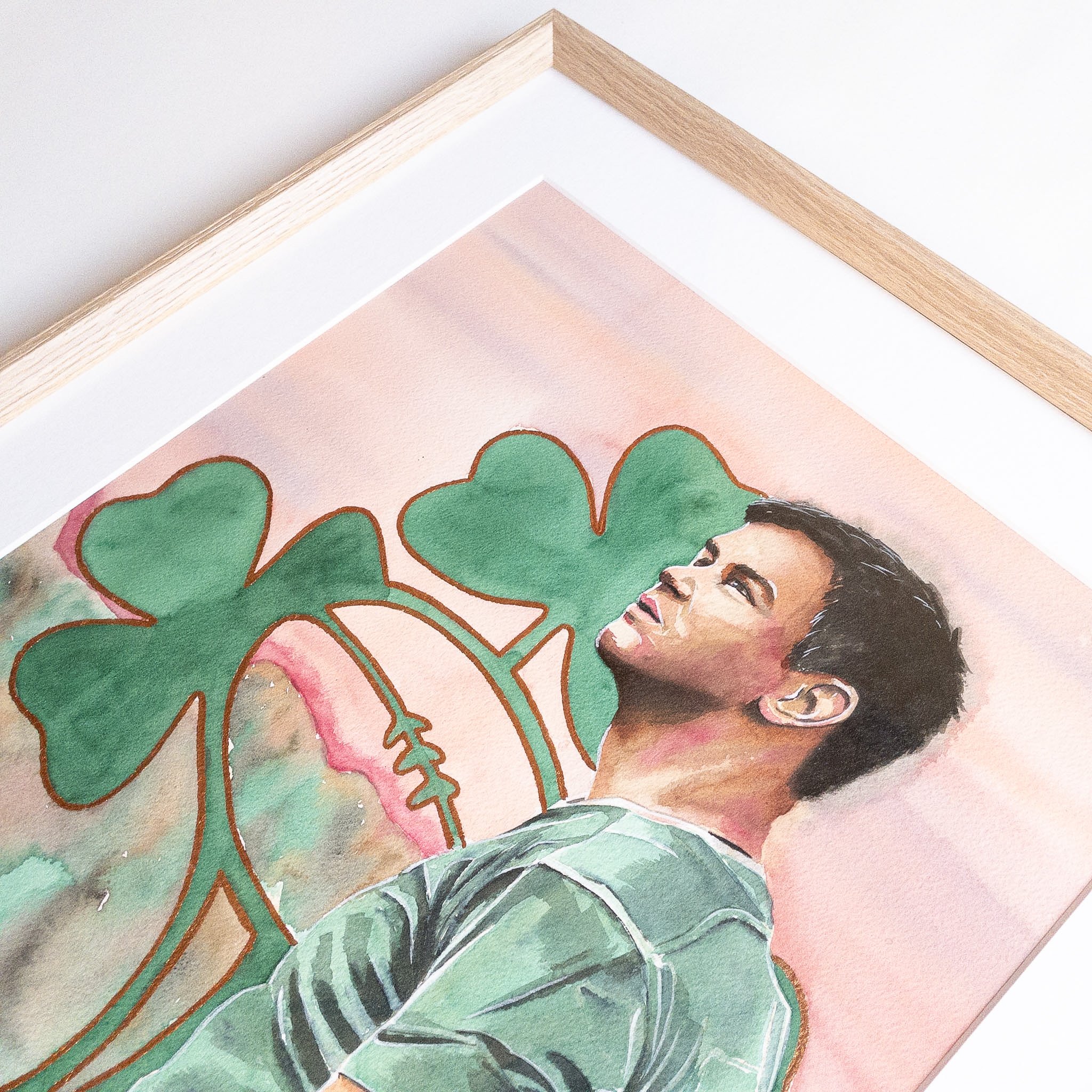 Portrait de Johnny Sexton en aquarelle, cadre chêne naturel, vue en perspective