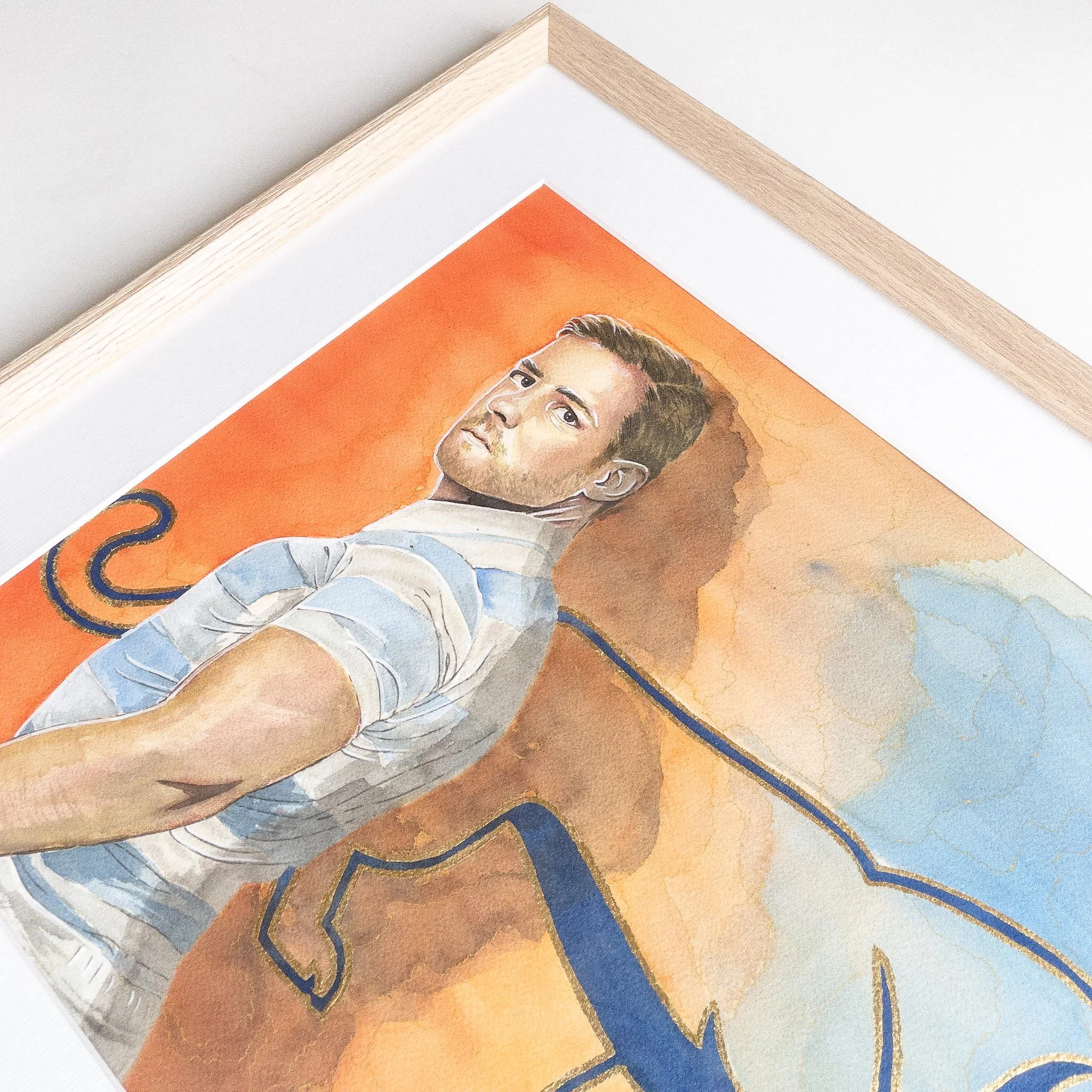 Portrait de Nicolás Sánchez en aquarelle, cadre chêne naturel, vue en perspective