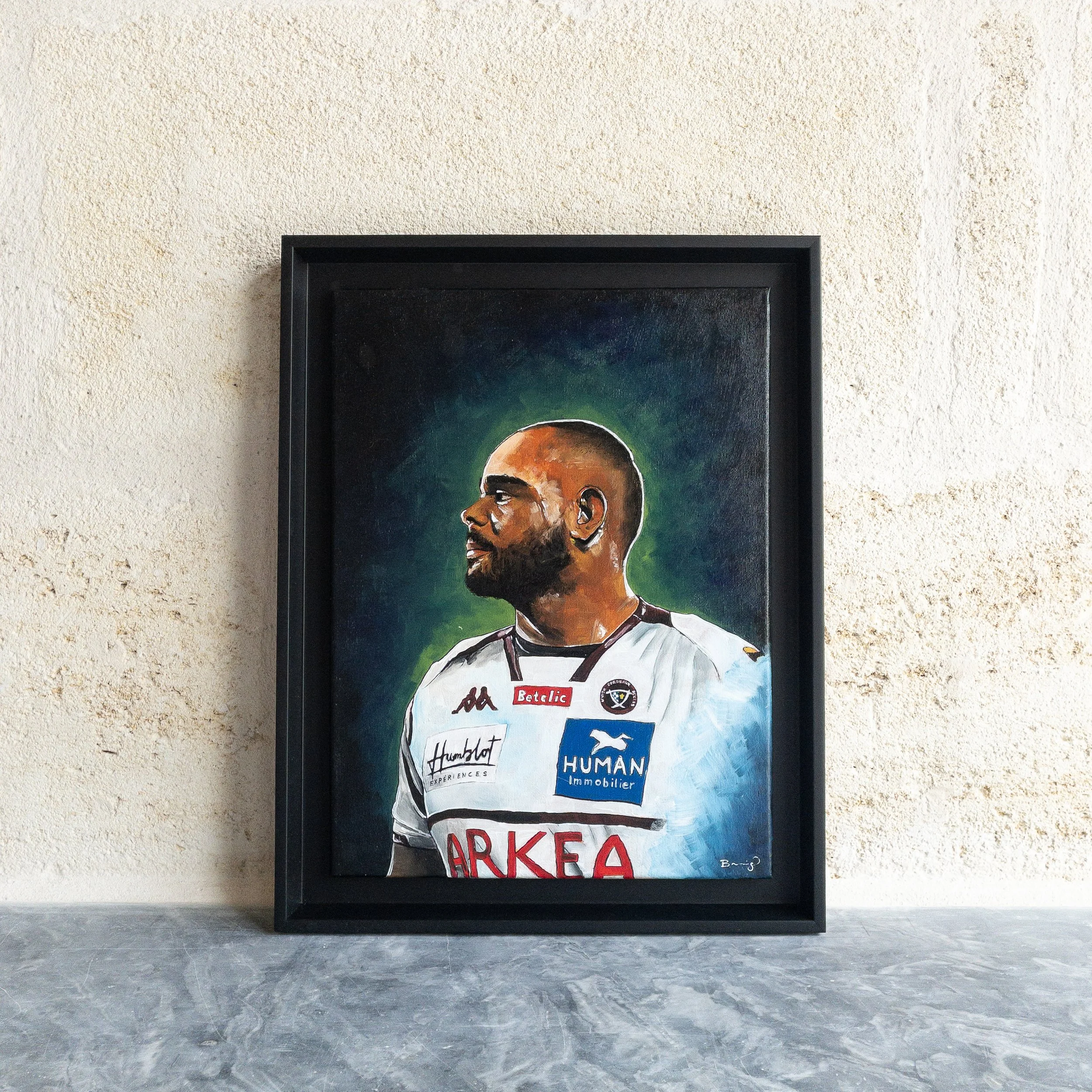 Acrylique originale de Jefferson Poirot encadrée, caisse américaine noire, vue de face