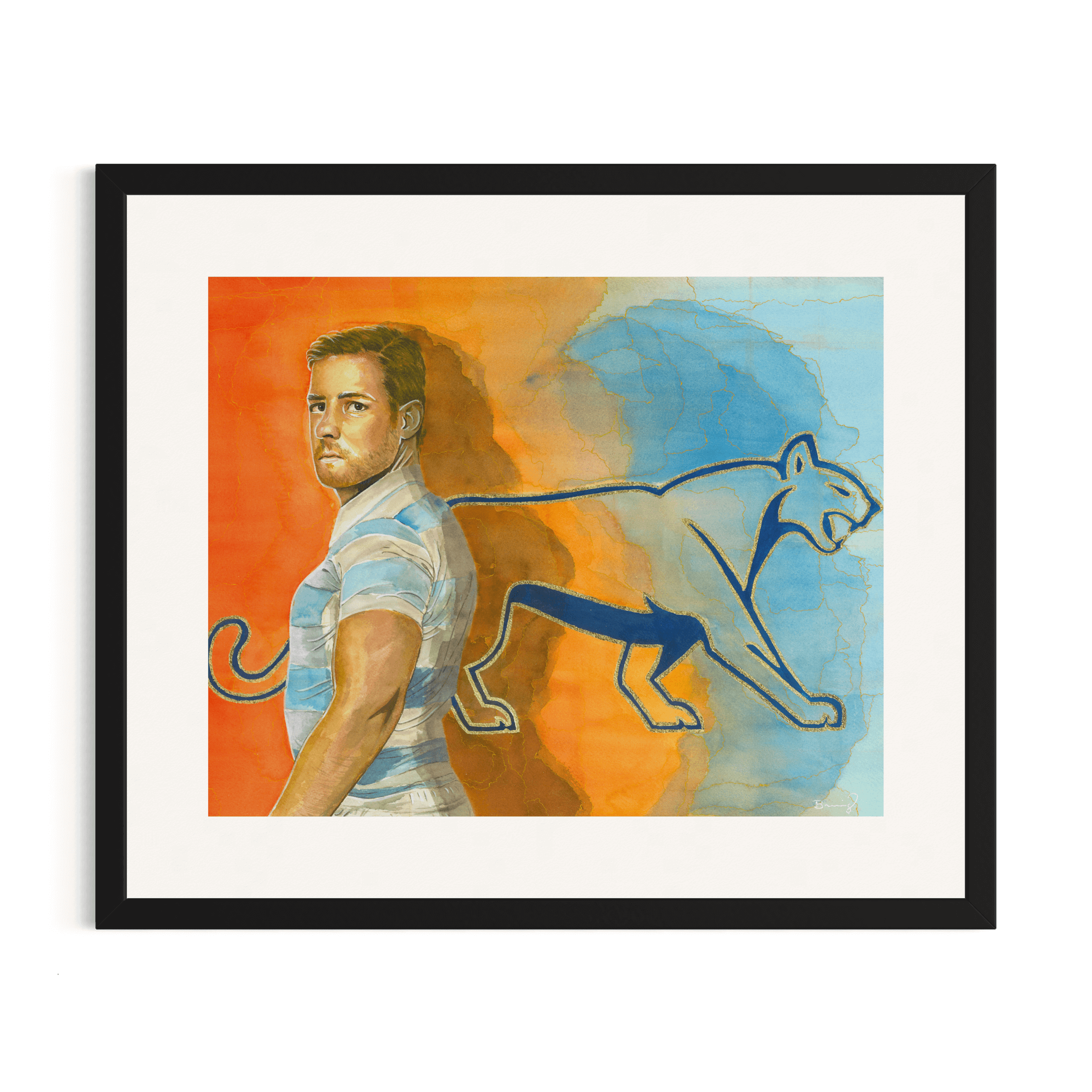 Custom framed fine art print of Argentinian rugby player Nicolás Sánchez in a striped Los Pumas jersey. Features hand-embellished gold Los Pumas emblem, custom mat, and black frame.