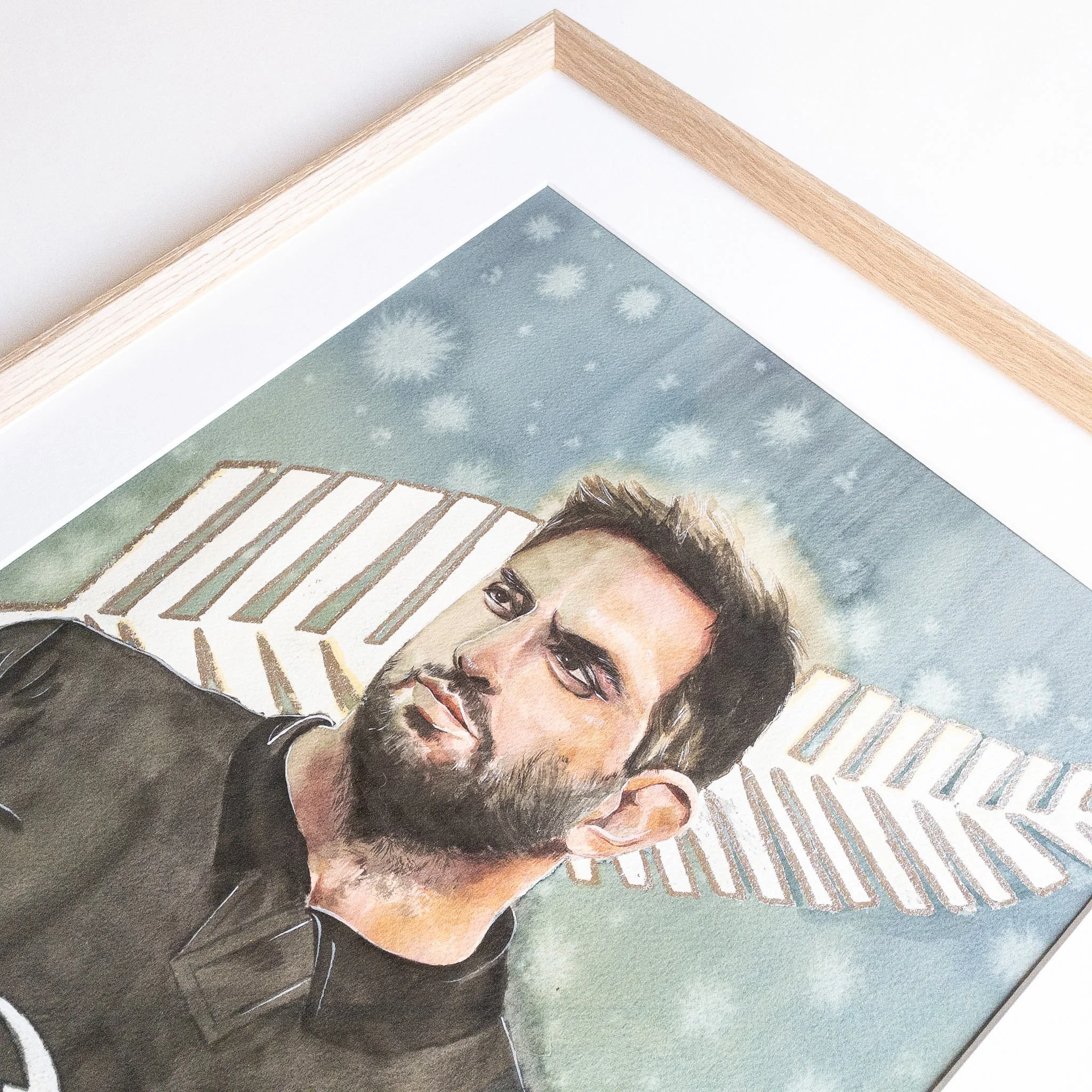 Portrait de Sam Whitelock en aquarelle, cadre chêne naturel, vue en perspective