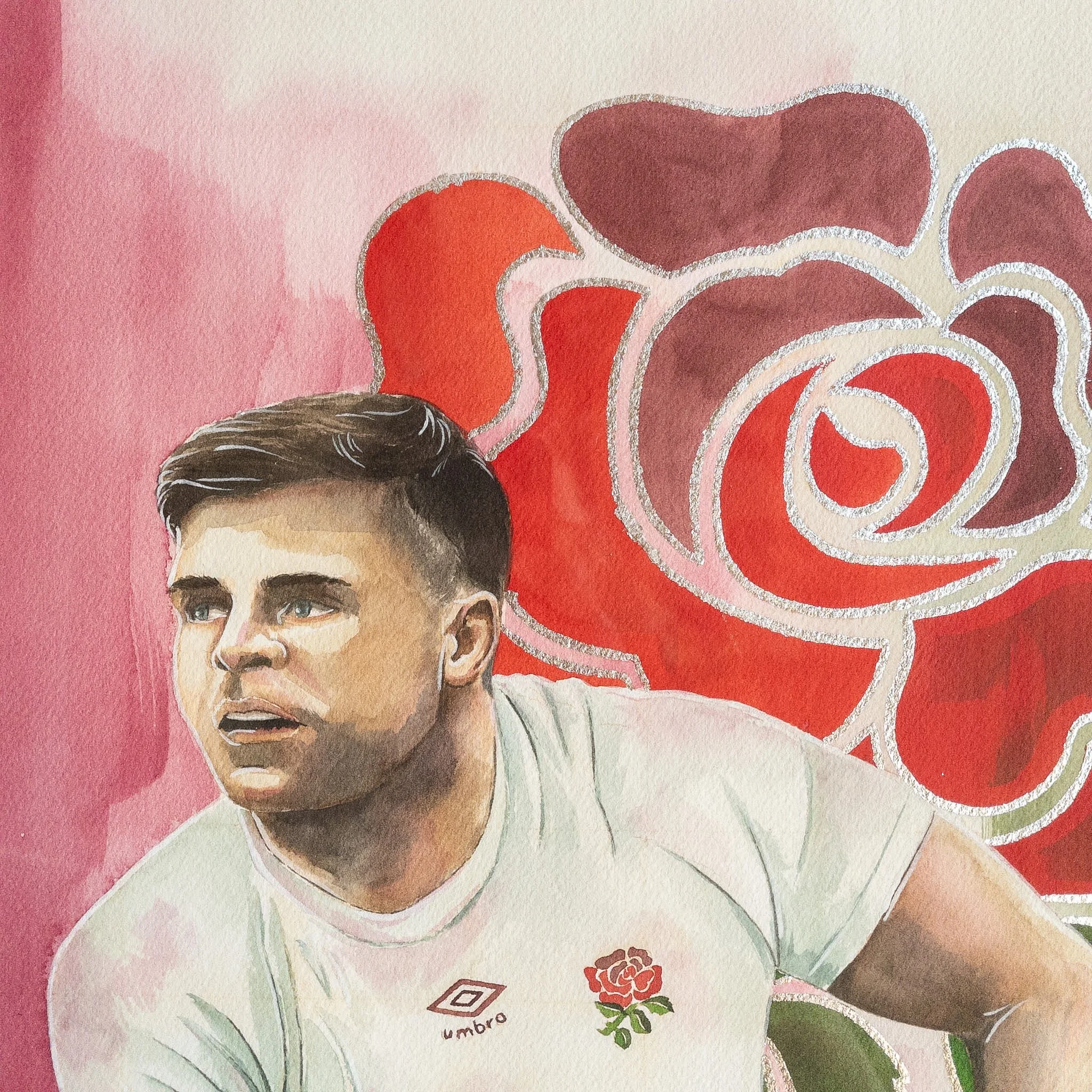 Détail de l'aquarelle originale — portrait de Ben Youngs, feuilles d'aluminium et grain du papier Arches